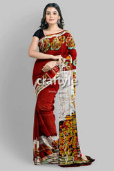Unique village theme handpainted batik pure mulberry silk saree maroon saree floral landscape prints 3