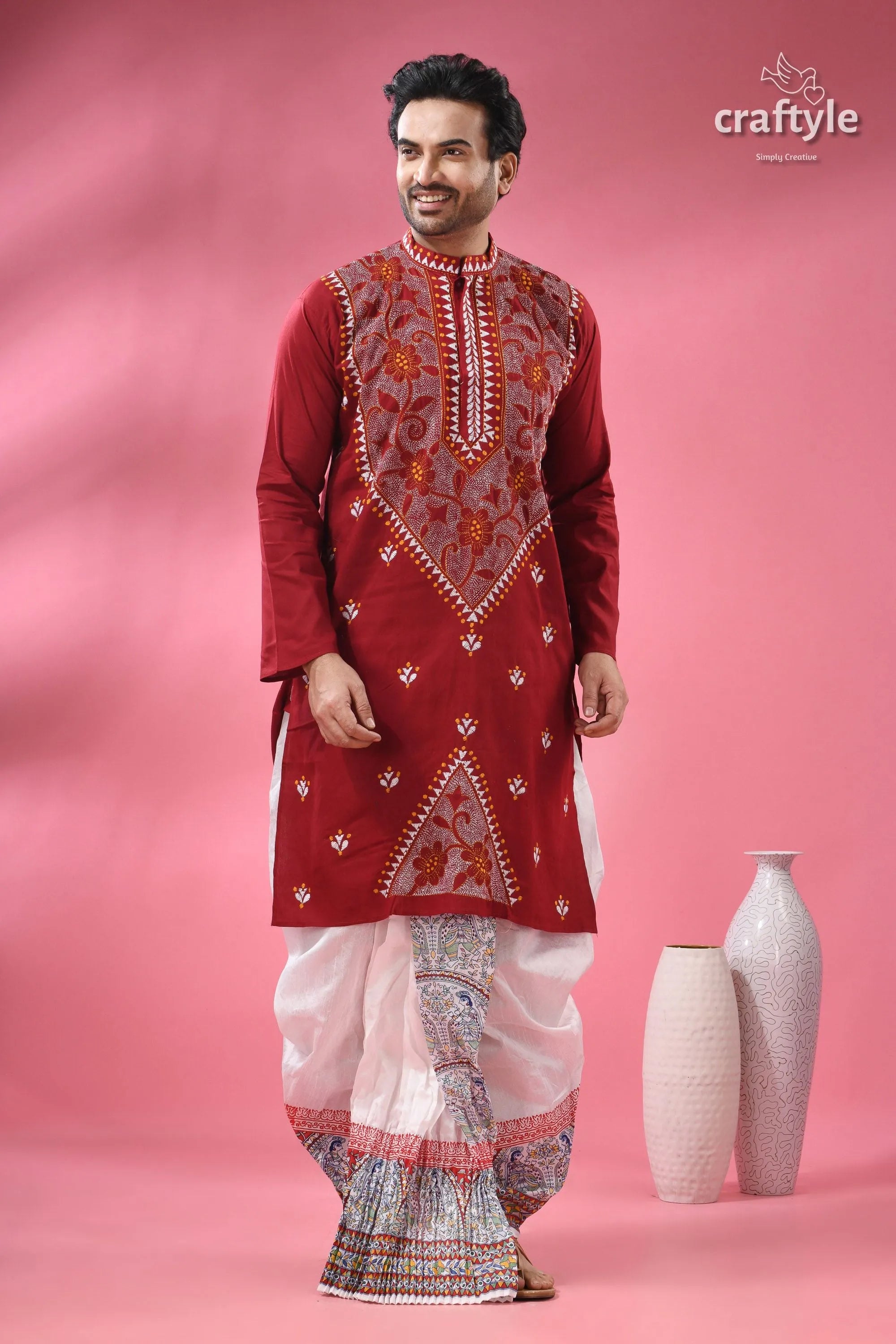 Upsdell red kantha stitch cotton men’s kurta man’s maroon embroidered white 5