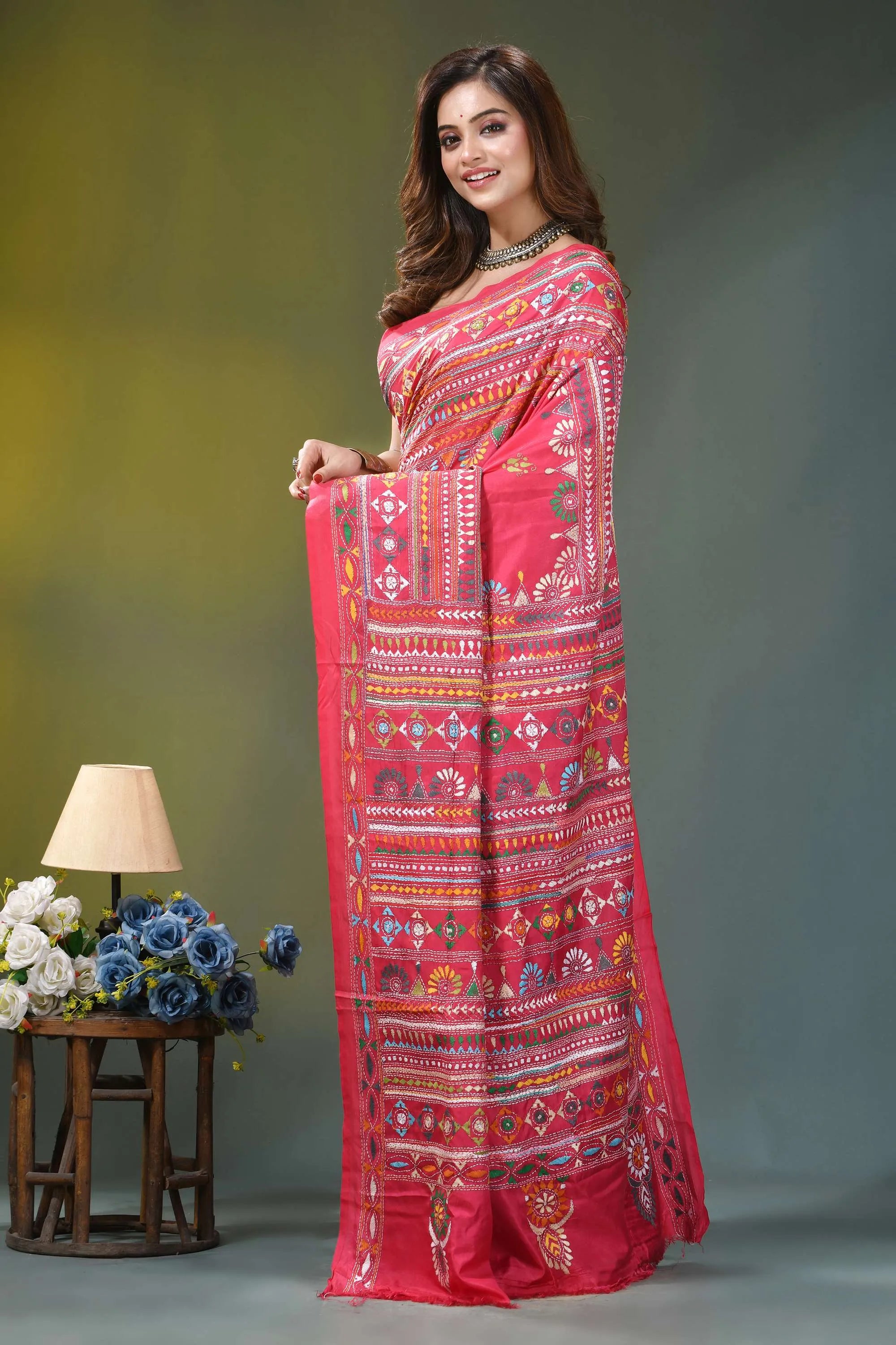 Valentine red multi-thread ethnic design silk kantha saree vibrant pink saree adorned intricate 3