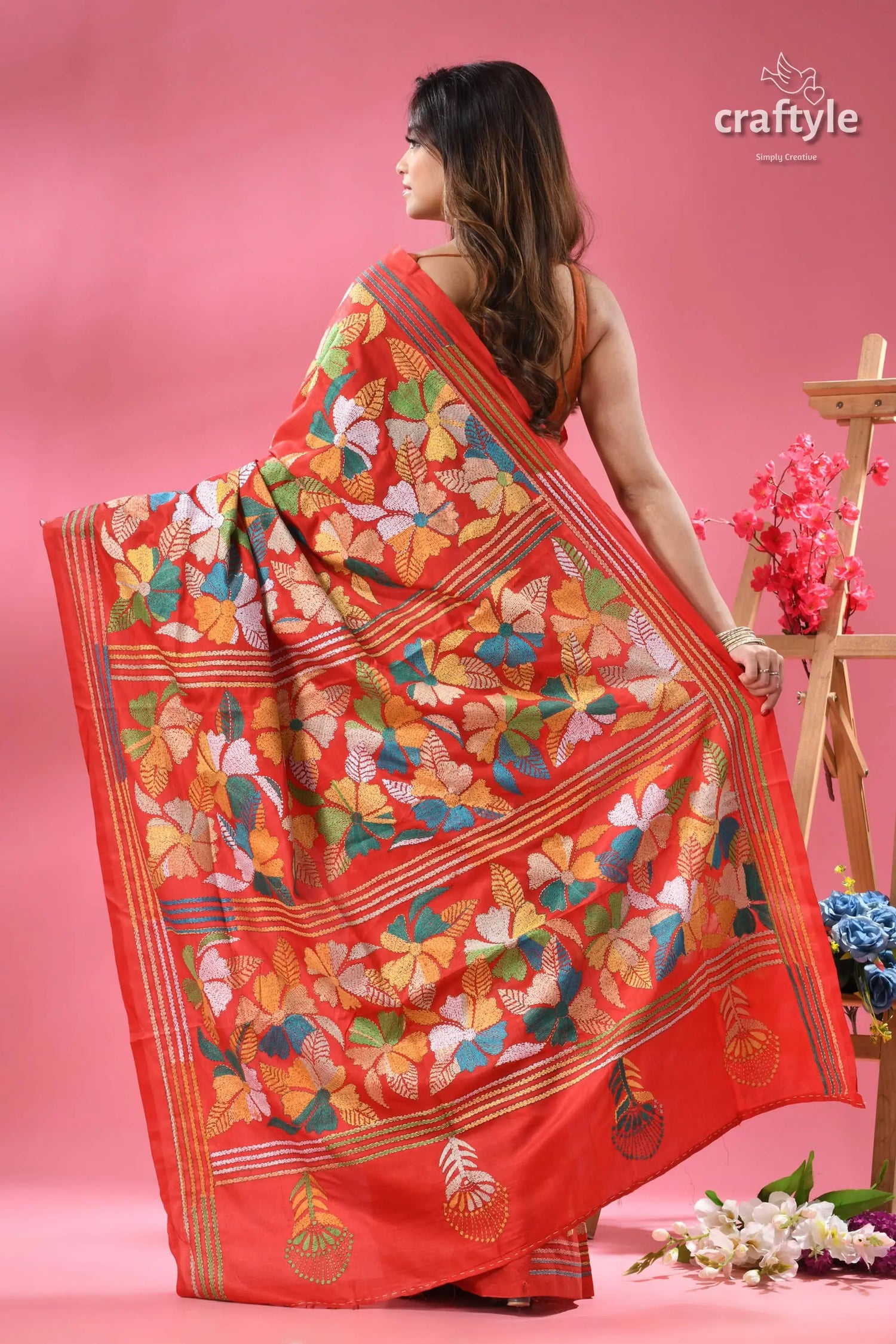 Venetian red flower design silk kantha stitch saree red saree colorful floral embroidery 5