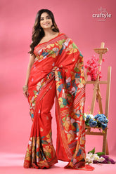 Venetian red flower design silk kantha stitch saree woman red floral print saree 4