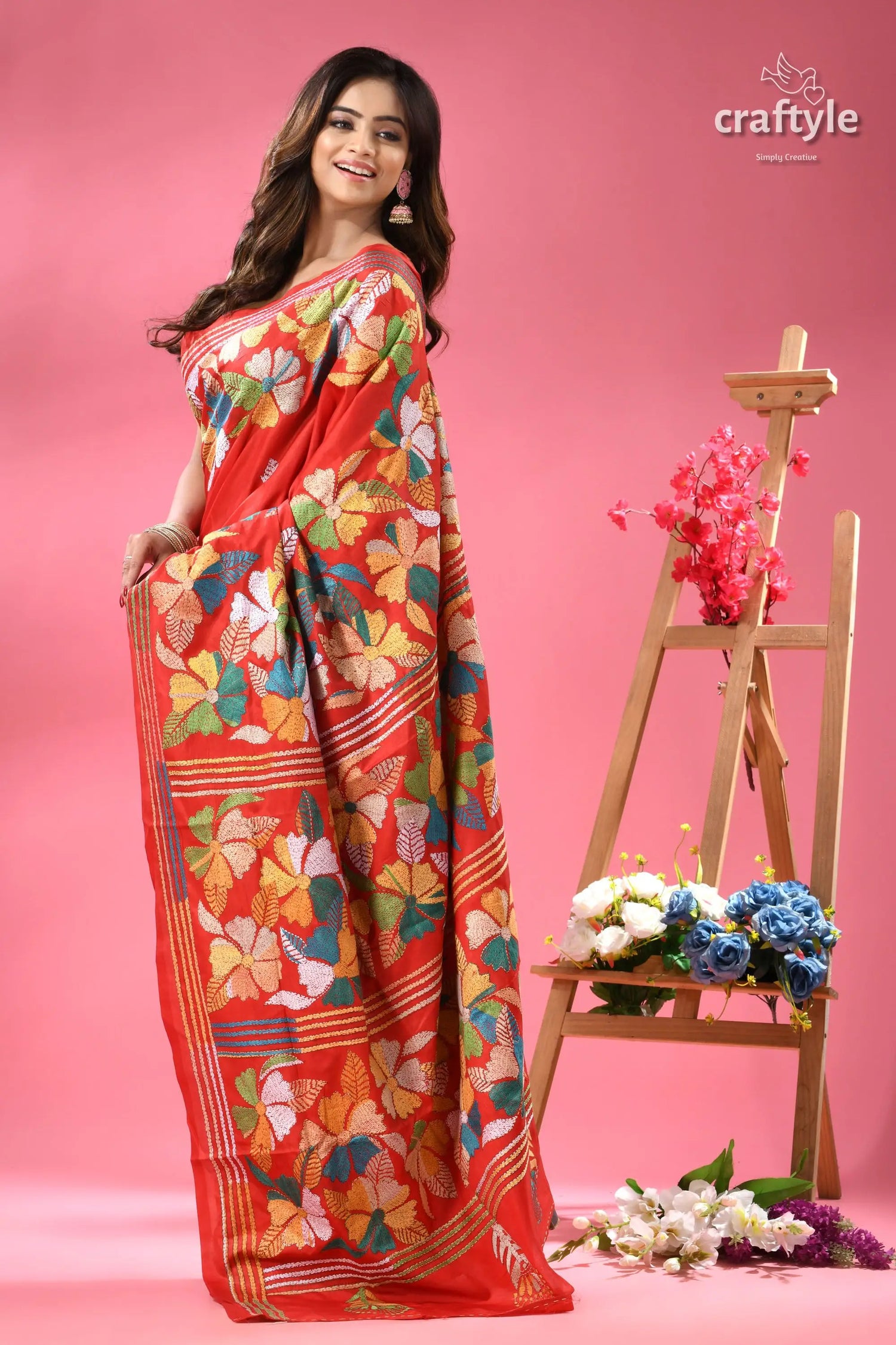 Venetian red flower design silk kantha stitch saree red saree colorful floral butterfly 3