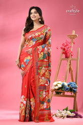 Venetian red flower design silk kantha stitch saree red saree colorful floral patterns 6