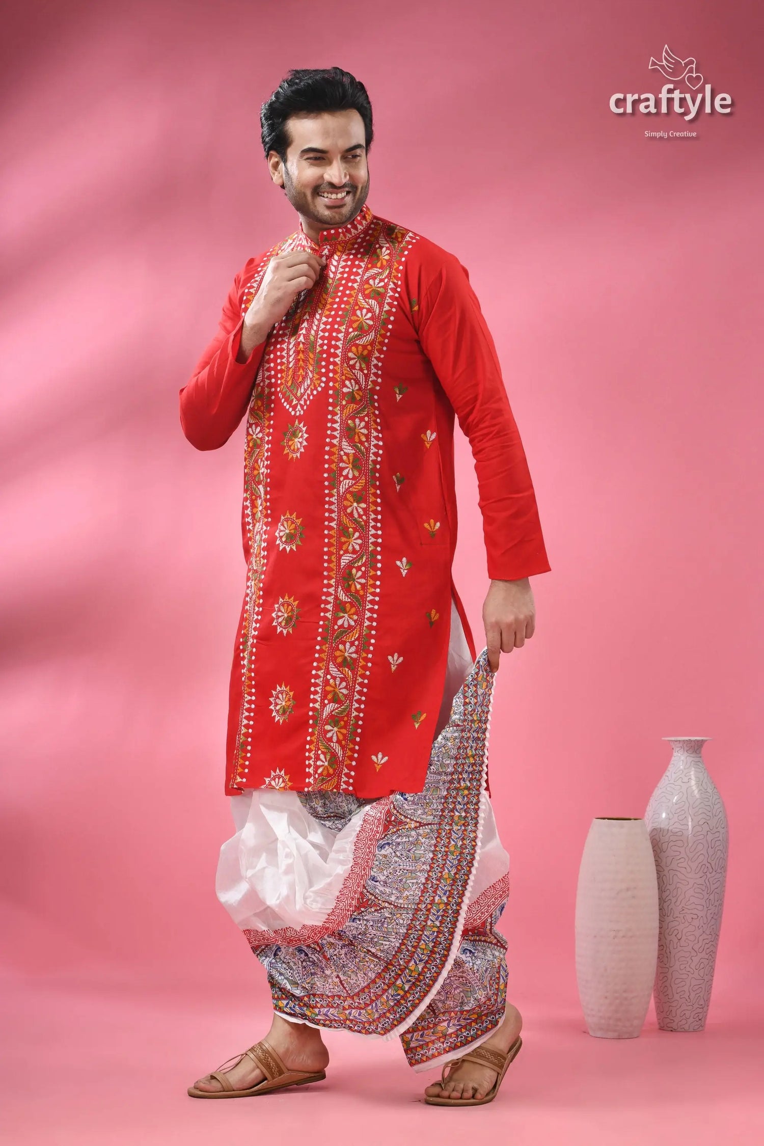 Venetian red multithread kantha work men’s cotton punjabi men’s red embroidered kurta white 6