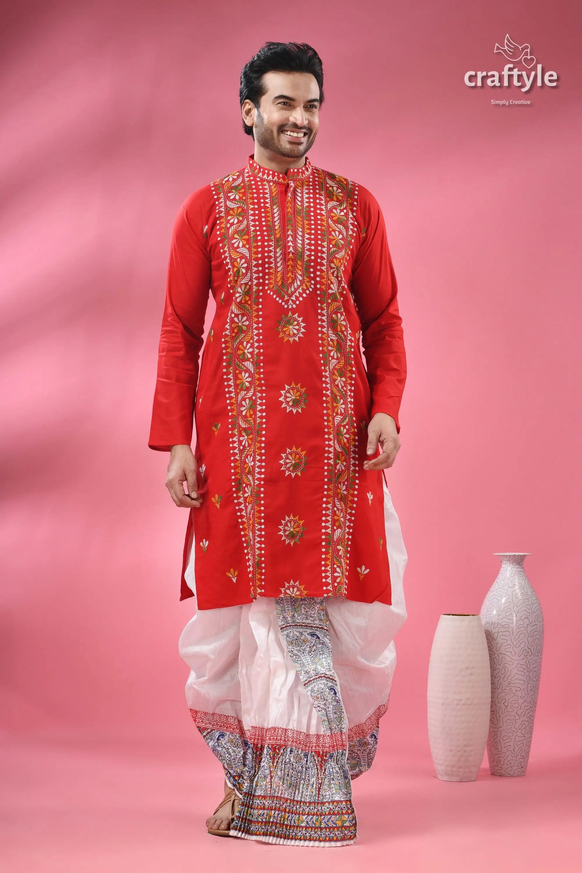 Venetian red multithread kantha work men’s cotton punjabi red embroidered men’s kurta white 1