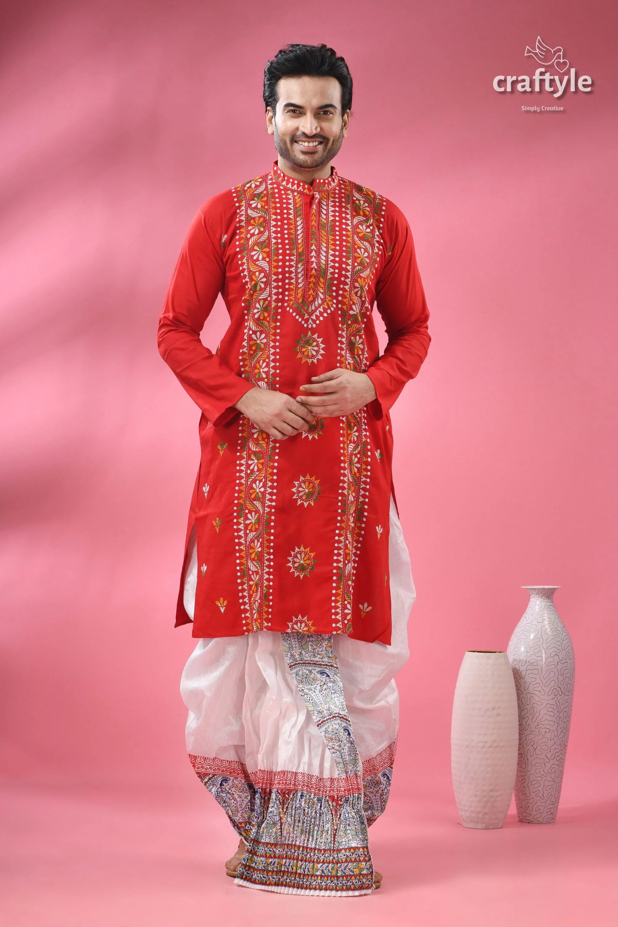Venetian red multithread kantha work men’s cotton punjabi men’s red embroidered long-sleeved kurta 4