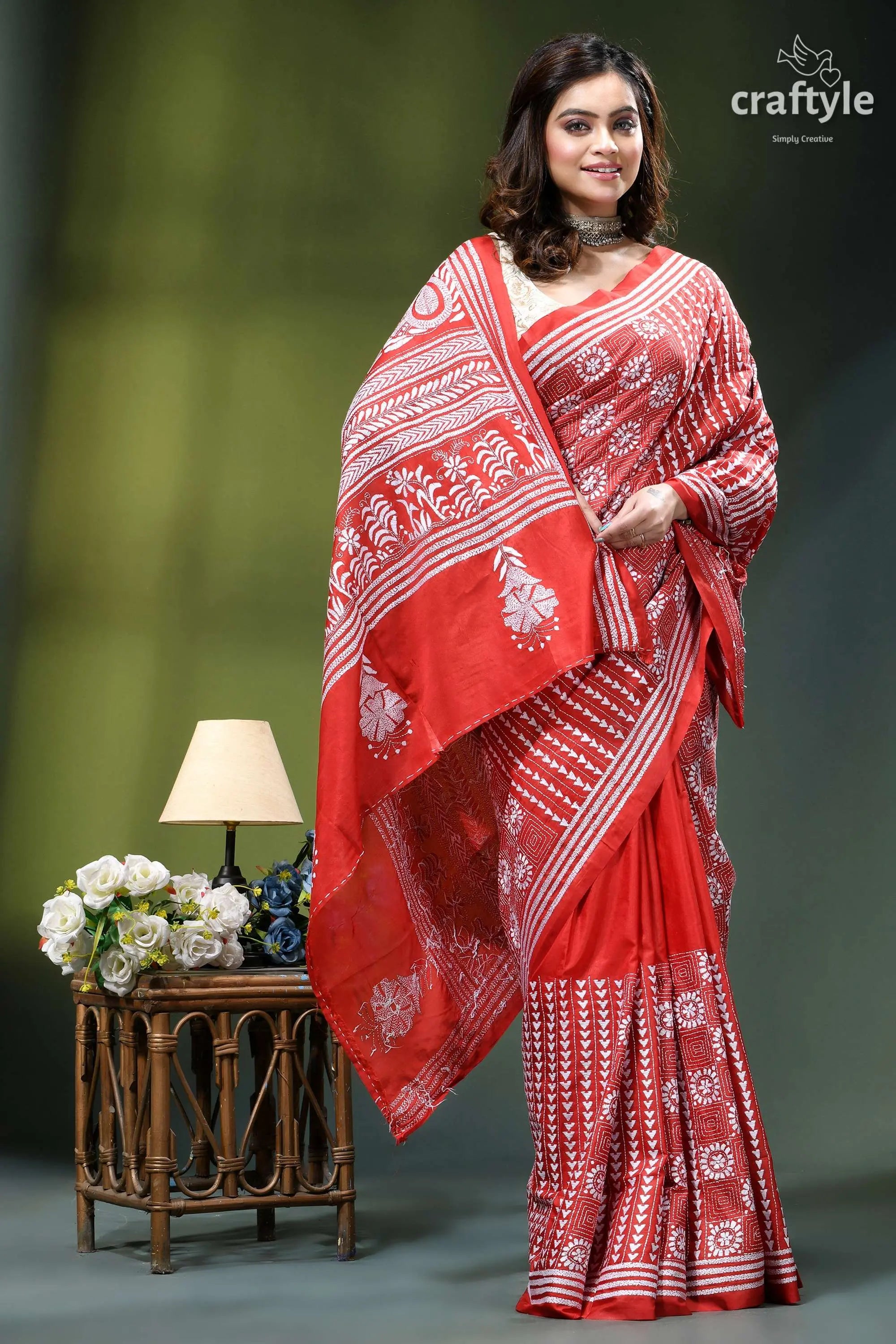 Venetian red white thread work bengal silk kantha stitch saree vibrant red white patterned saree 4