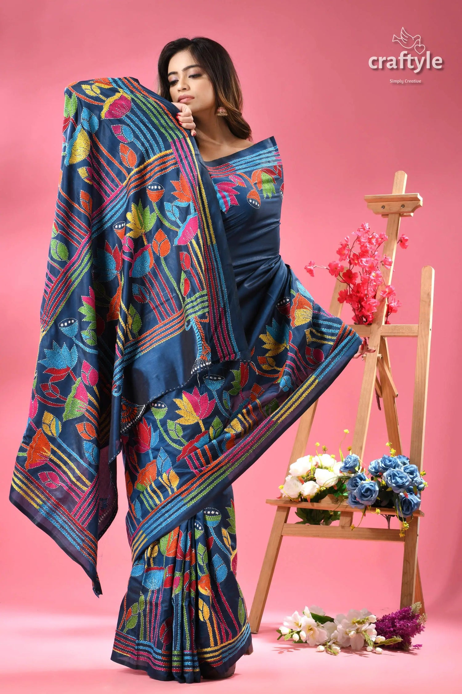 Venice blue lotus design kantha embroidery silk sari woman navy blue saree vibrant 4