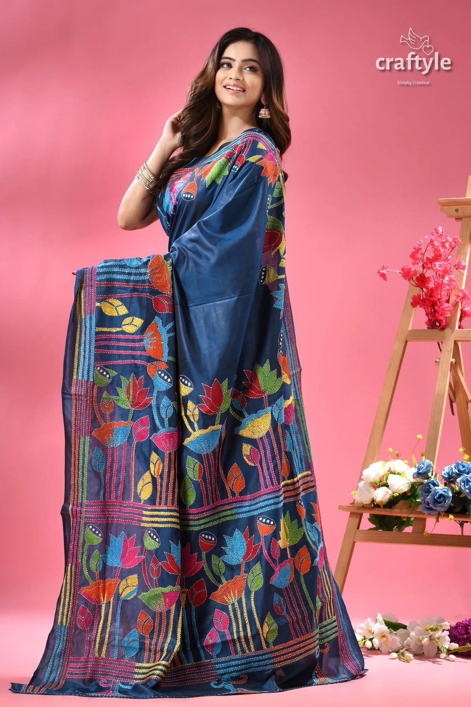 Venice blue lotus design kantha embroidery silk sari woman blue silk saree colorful 3