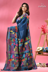 Venice blue lotus design kantha embroidery silk sari woman blue silk saree colorful 3