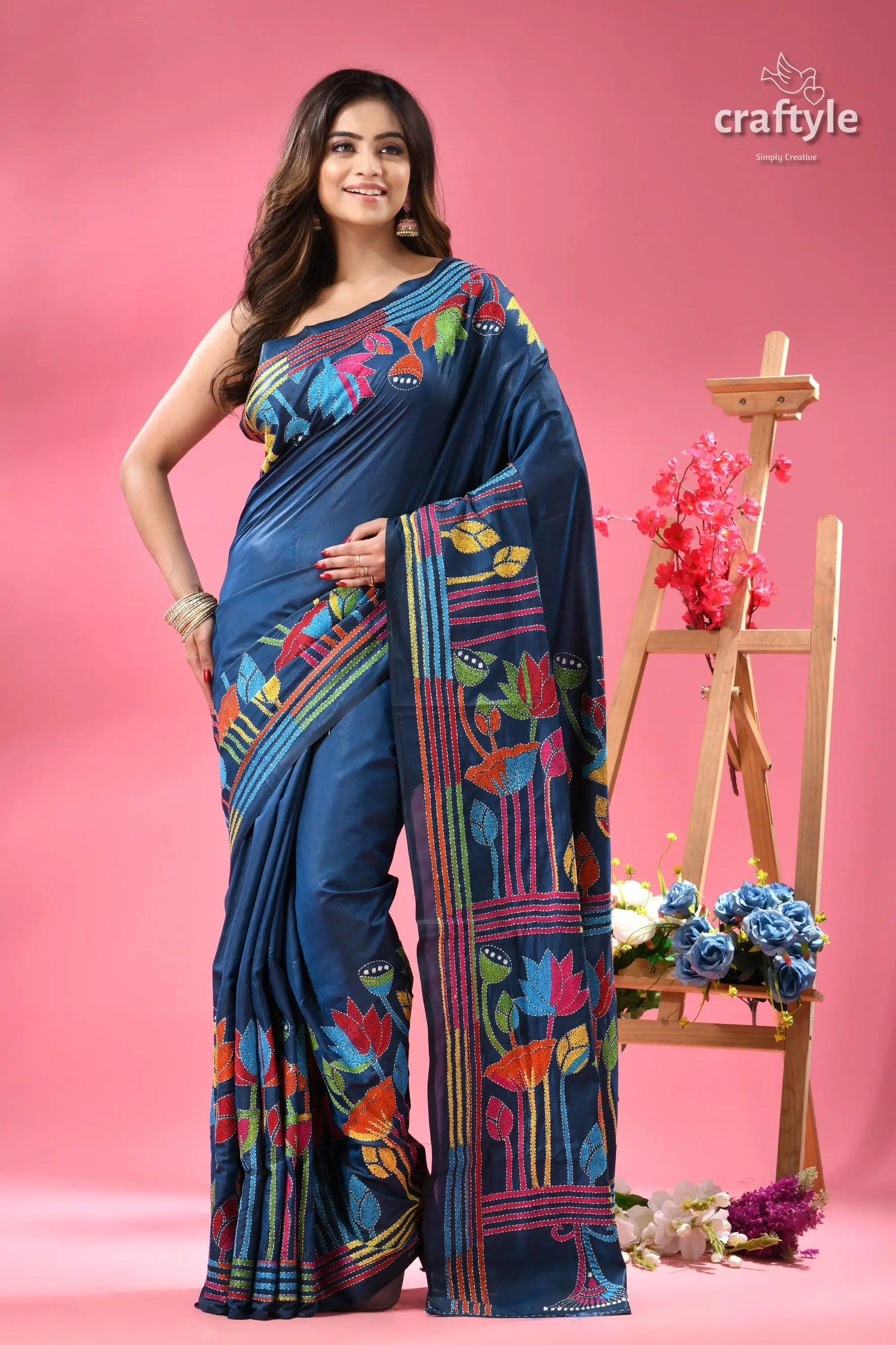 Venice blue lotus design kantha embroidery silk sari woman navy blue saree vibrant 6