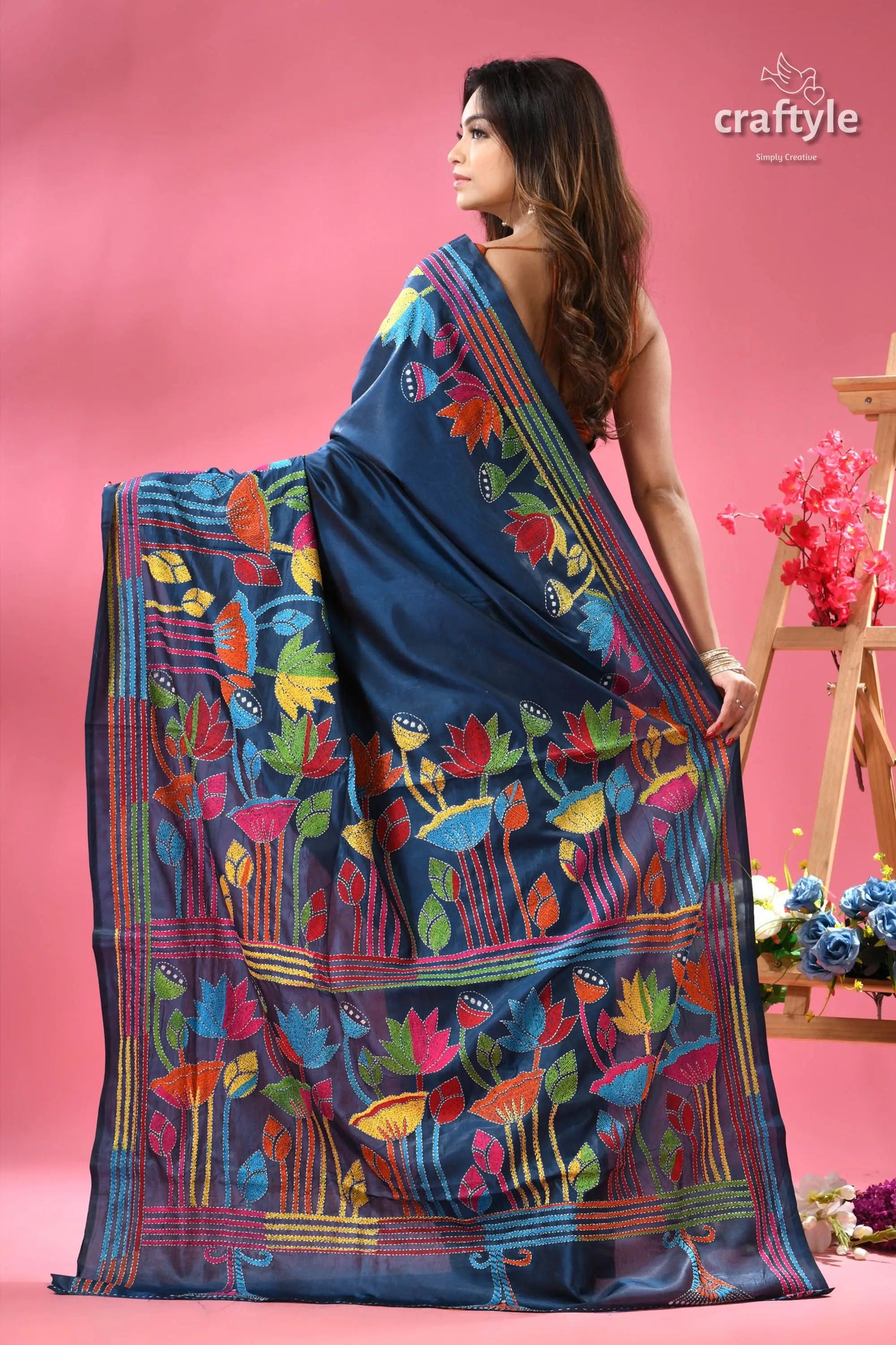 Venice blue lotus design kantha embroidery silk sari dark blue saree vibrant multicolored 5