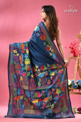 Venice blue lotus design kantha embroidery silk sari dark blue saree vibrant multicolored 5