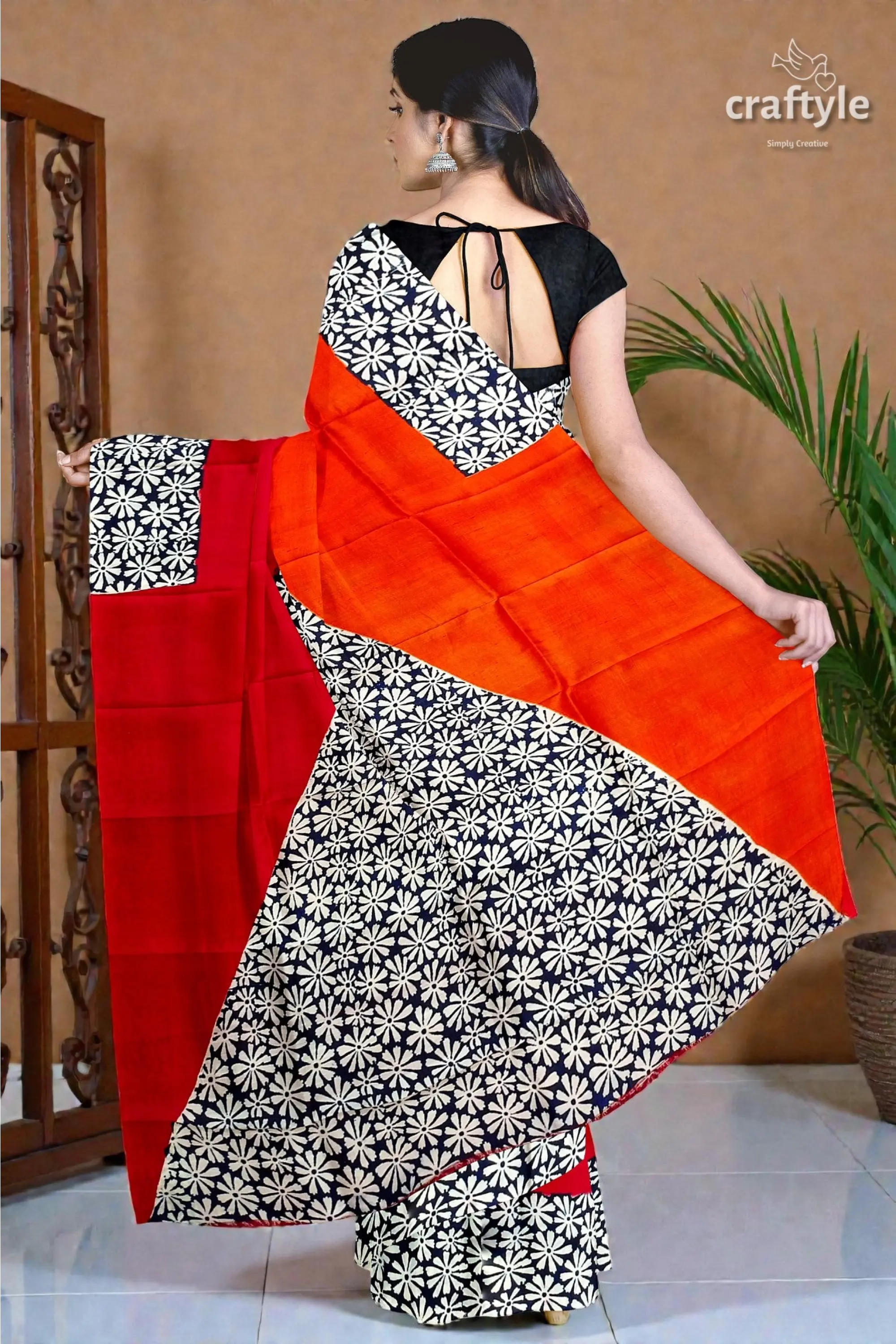 Vibrant red and pumpkin hand block print silk saree - pure mulberry fabric 5