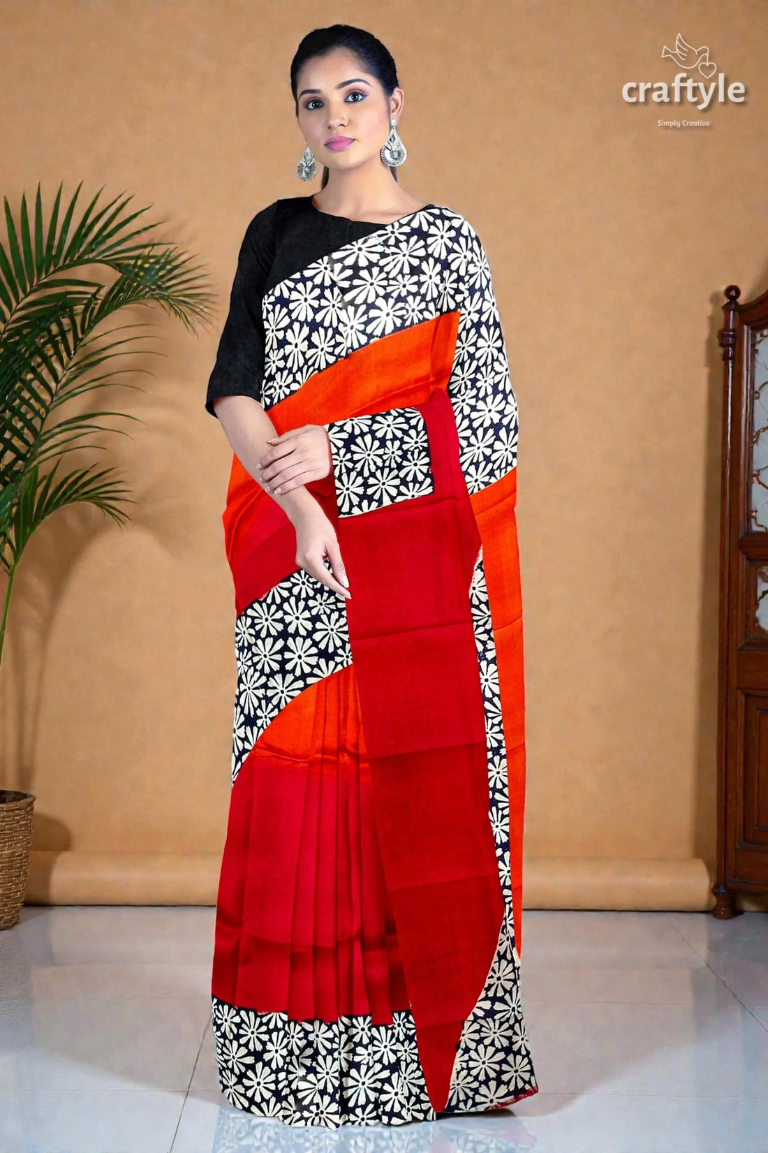 Vibrant red and pumpkin hand block print silk saree - pure mulberry fabric 1