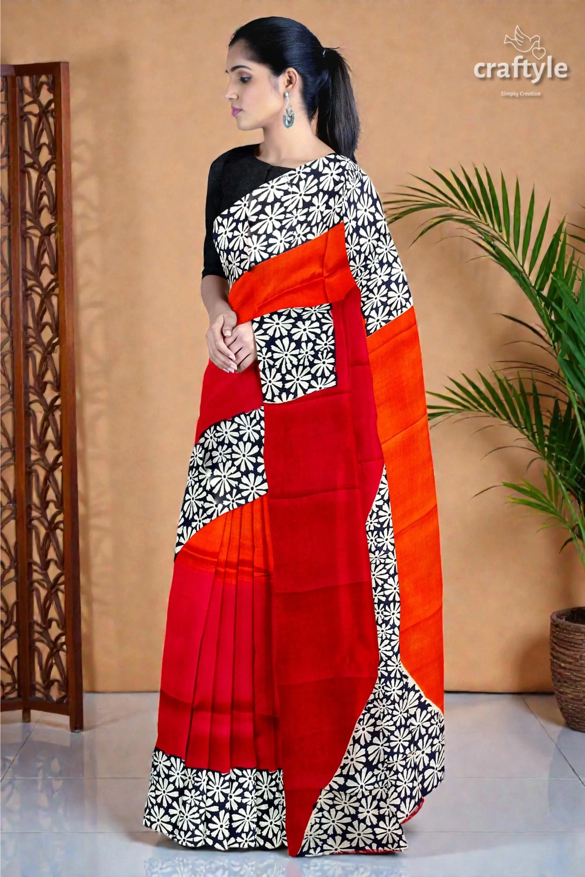 Vibrant red and pumpkin hand block print silk saree - pure mulberry fabric 3