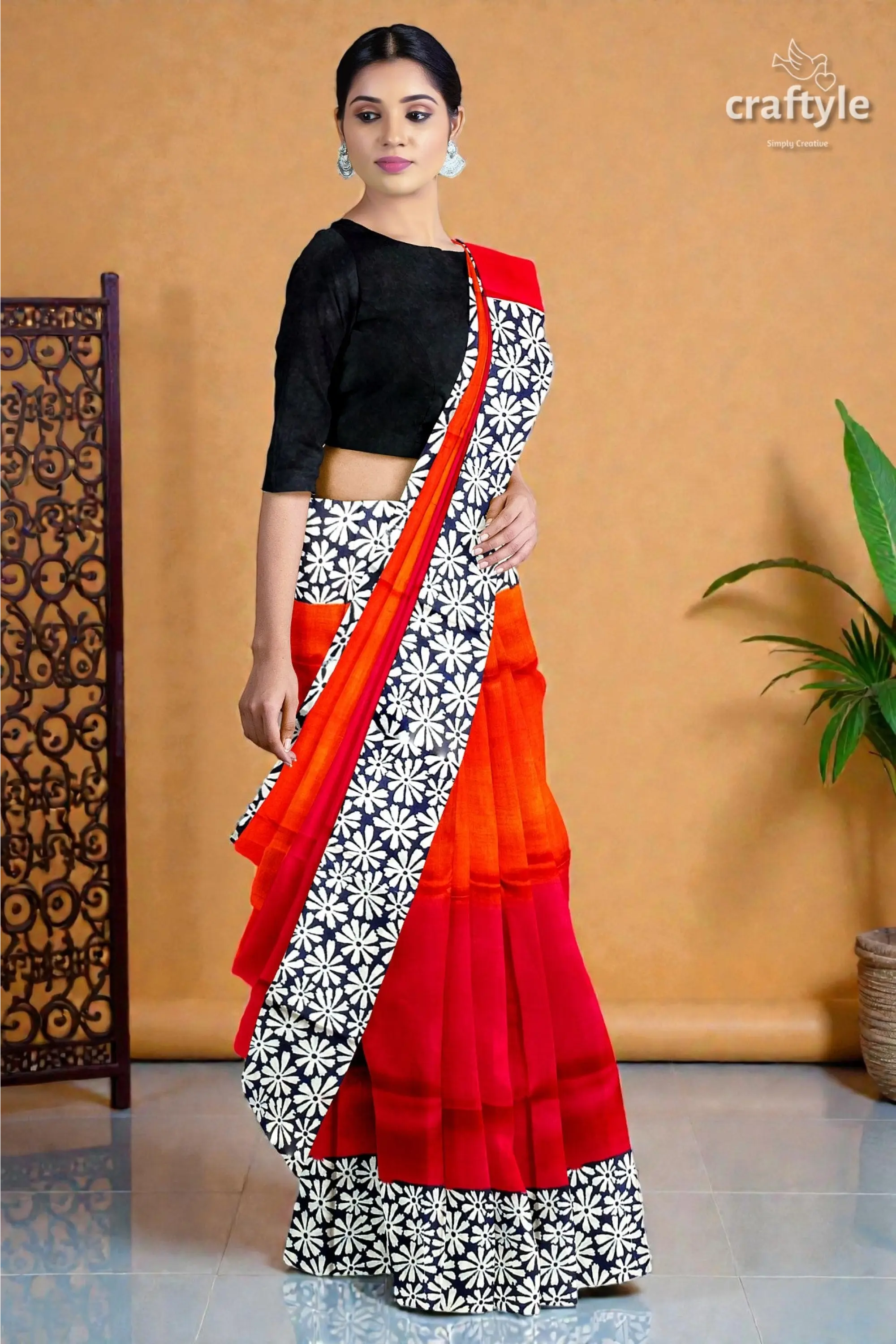 Vibrant red and pumpkin hand block print silk saree - pure mulberry fabric 2