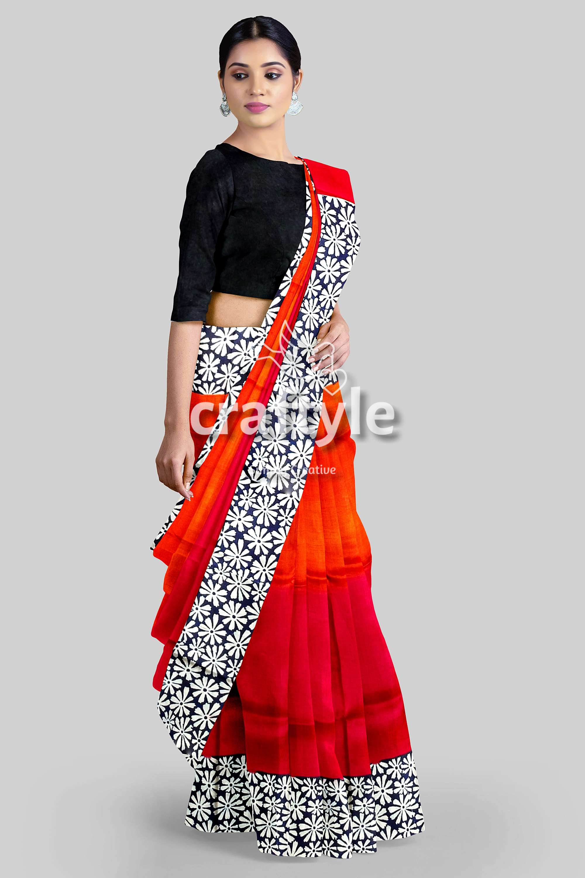 Vibrant Red and Pumpkin Hand Block Print Silk Saree - Pure Mulberry Silk Fabric - Craftyle