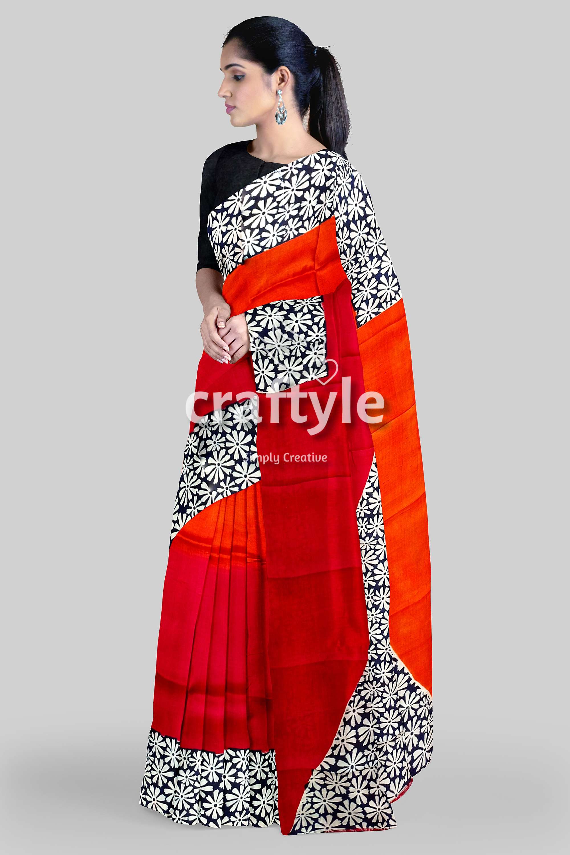Vibrant Red and Pumpkin Hand Block Print Silk Saree - Pure Mulberry Silk Fabric - Craftyle