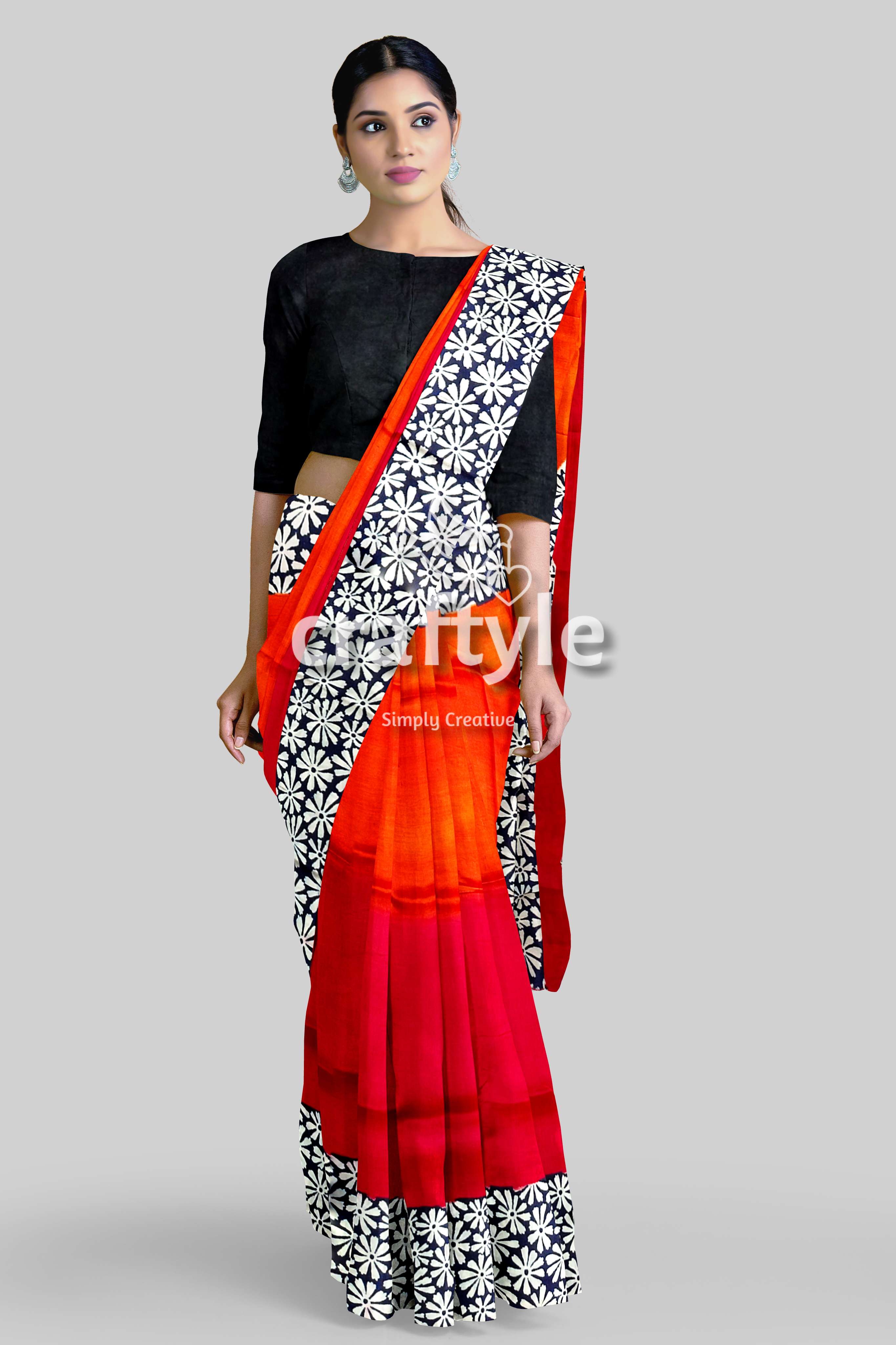 Vibrant Red and Pumpkin Hand Block Print Silk Saree - Pure Mulberry Silk Fabric - Craftyle
