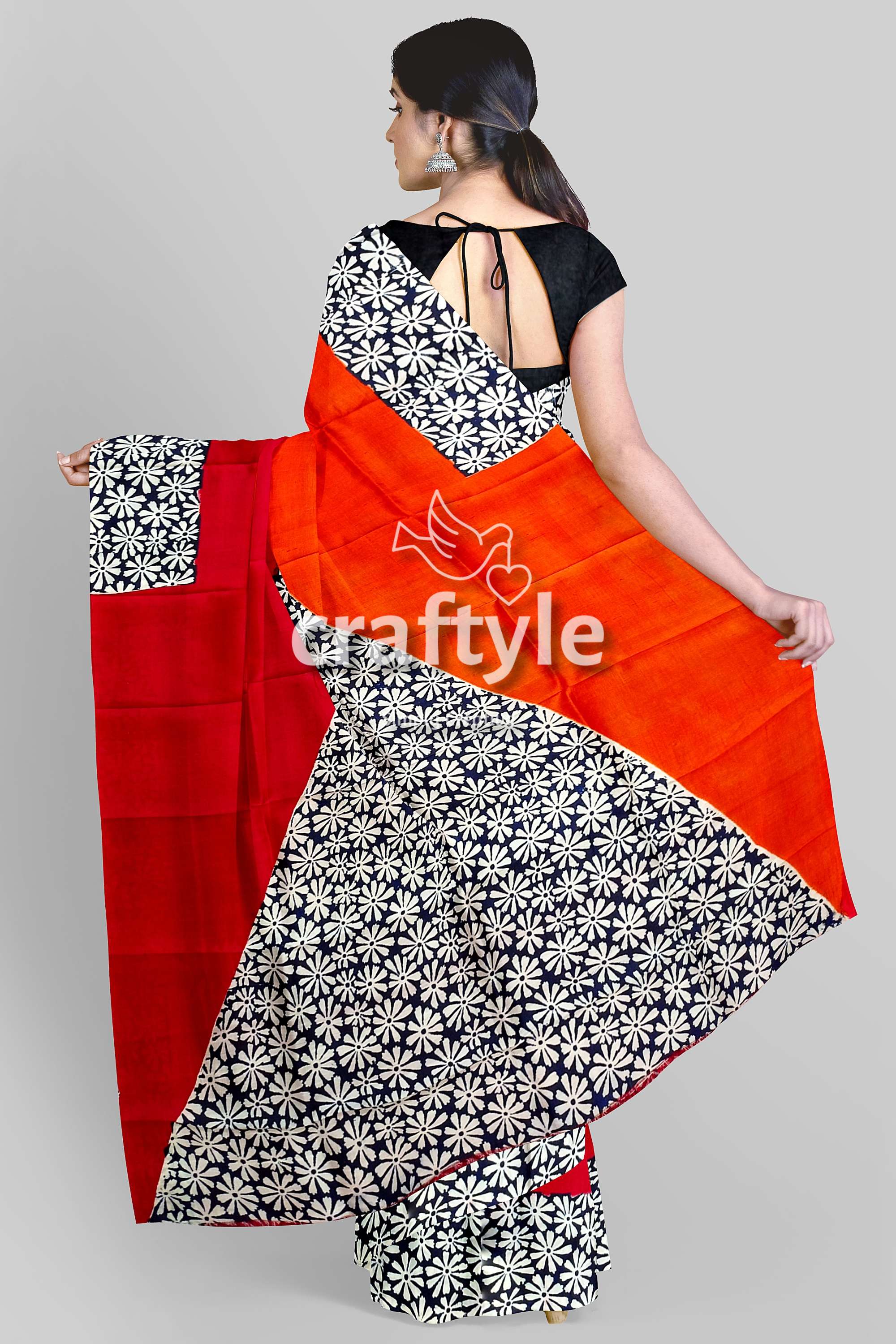 Vibrant Red and Pumpkin Hand Block Print Silk Saree - Pure Mulberry Silk Fabric - Craftyle
