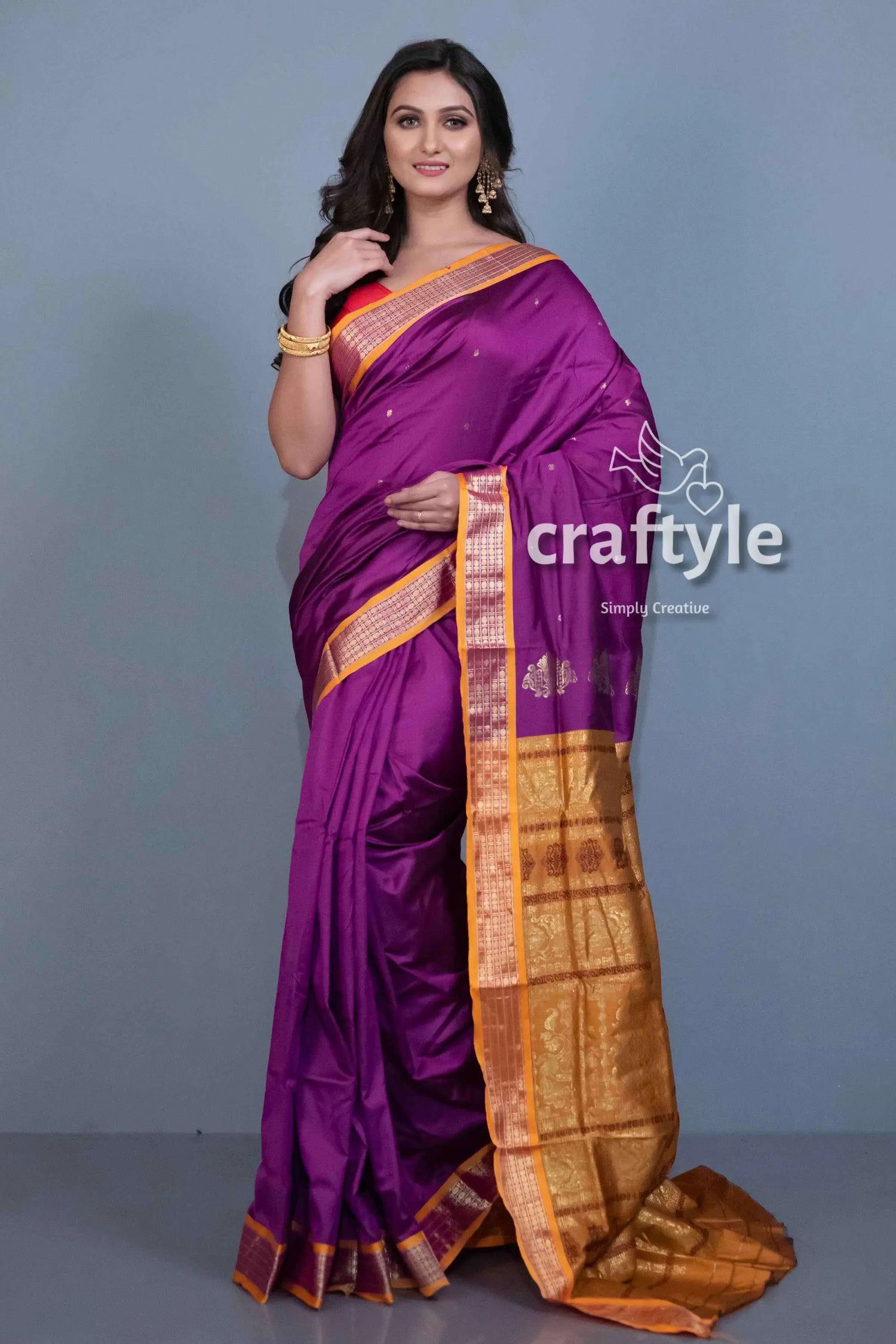 Violet color bomkai soft silk saree with blouse piece purple silk saree gold border 3