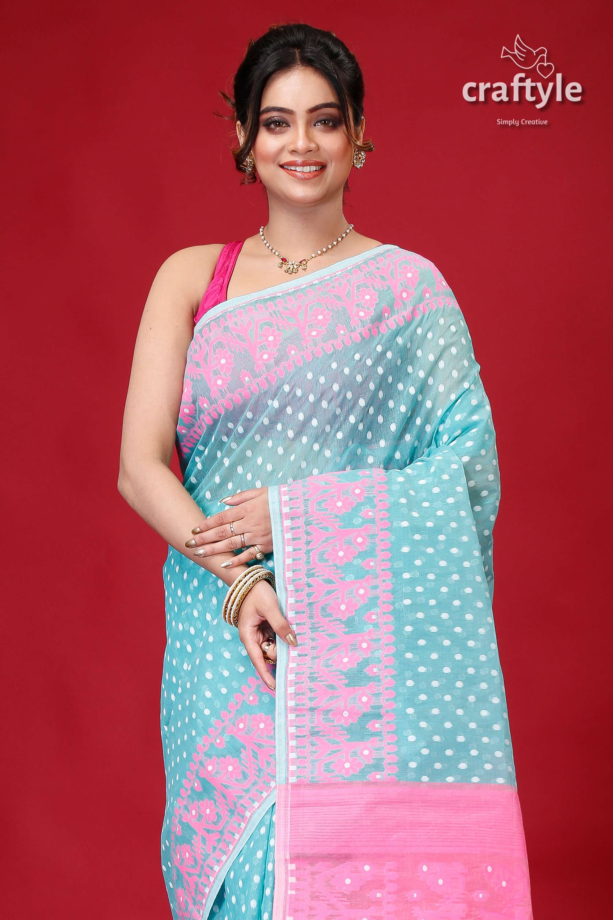 Viridian Green and Pink Bengal Jamdani Saree-Craftyle