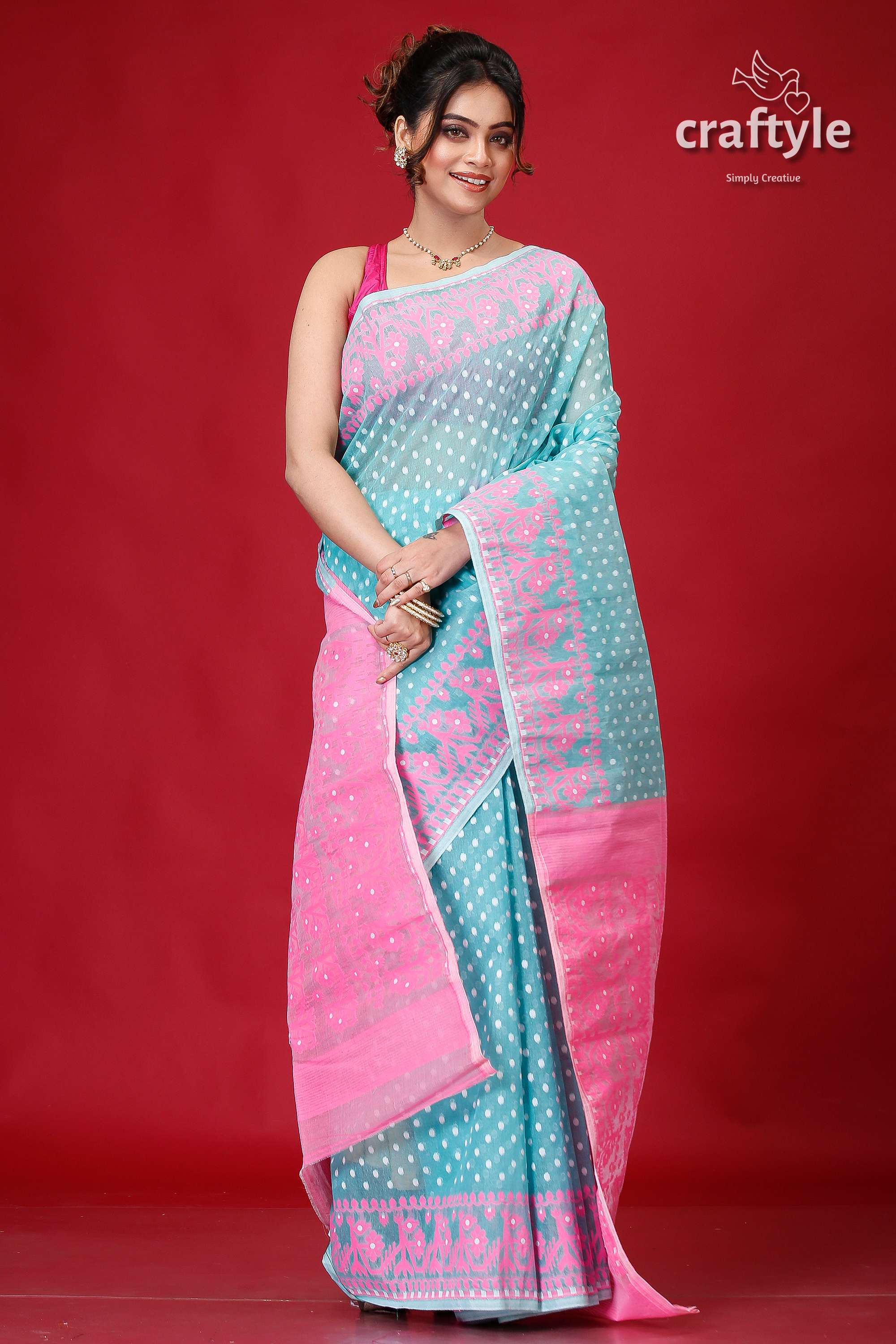 Viridian Green and Pink Bengal Jamdani Saree-Craftyle