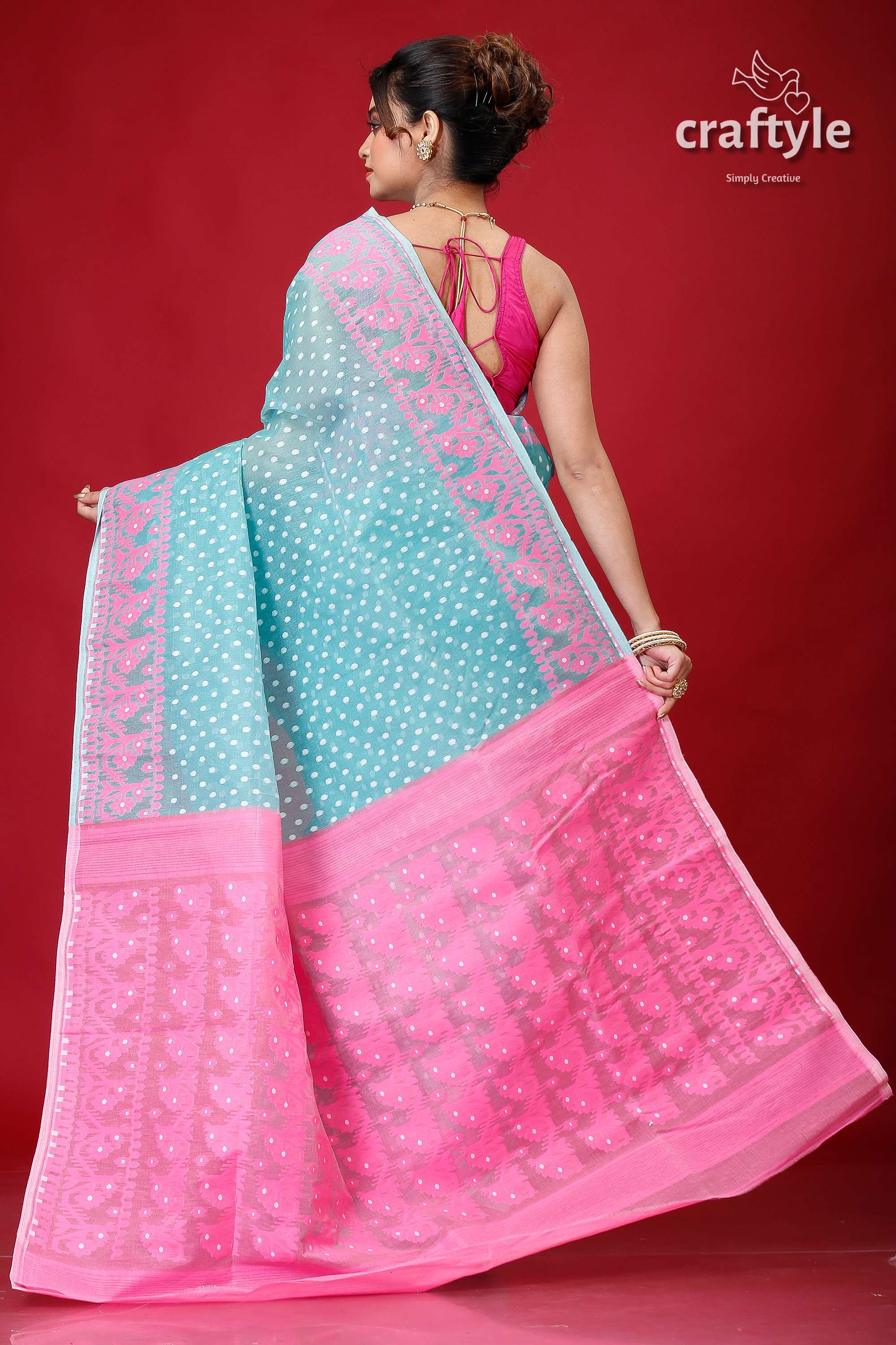 Viridian Green and Pink Bengal Jamdani Saree-Craftyle