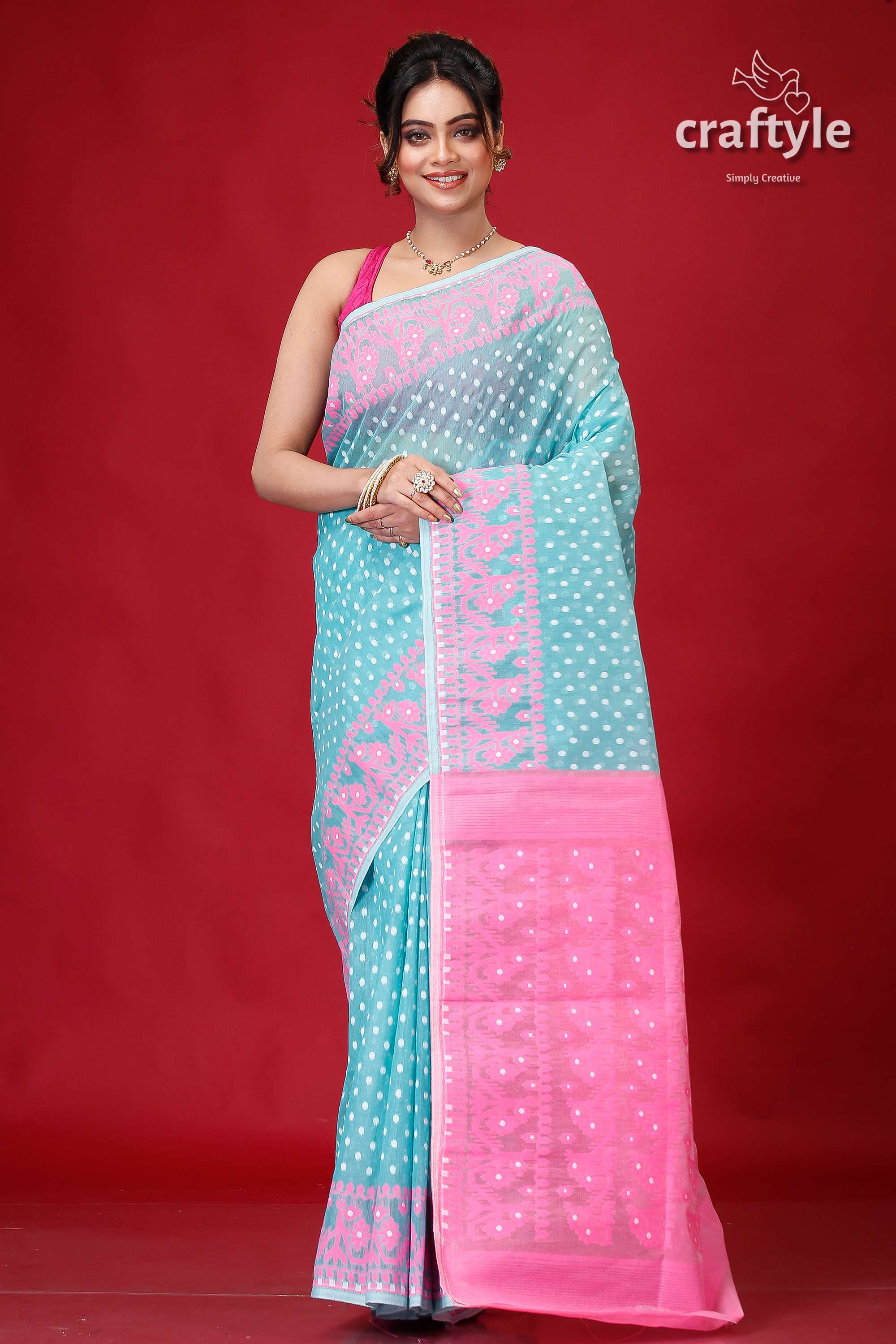 Viridian Green and Pink Bengal Jamdani Saree-Craftyle