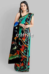 Viridian green bullock cart design handcrafted batik mulberry pure silk saree woman patterned saree 1