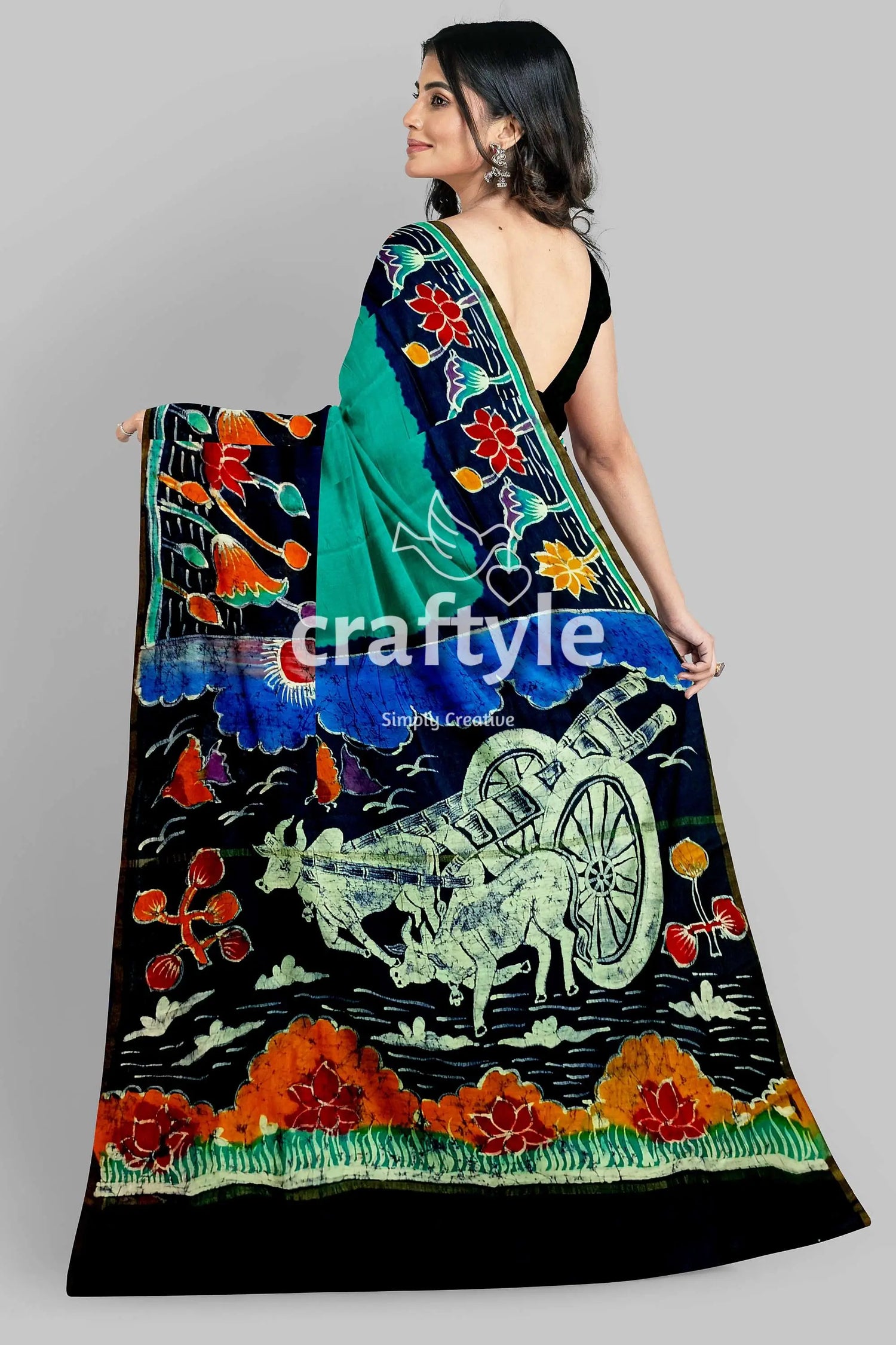 Viridian green bullock cart design handcrafted batik mulberry pure silk saree colorful patterned saree 3