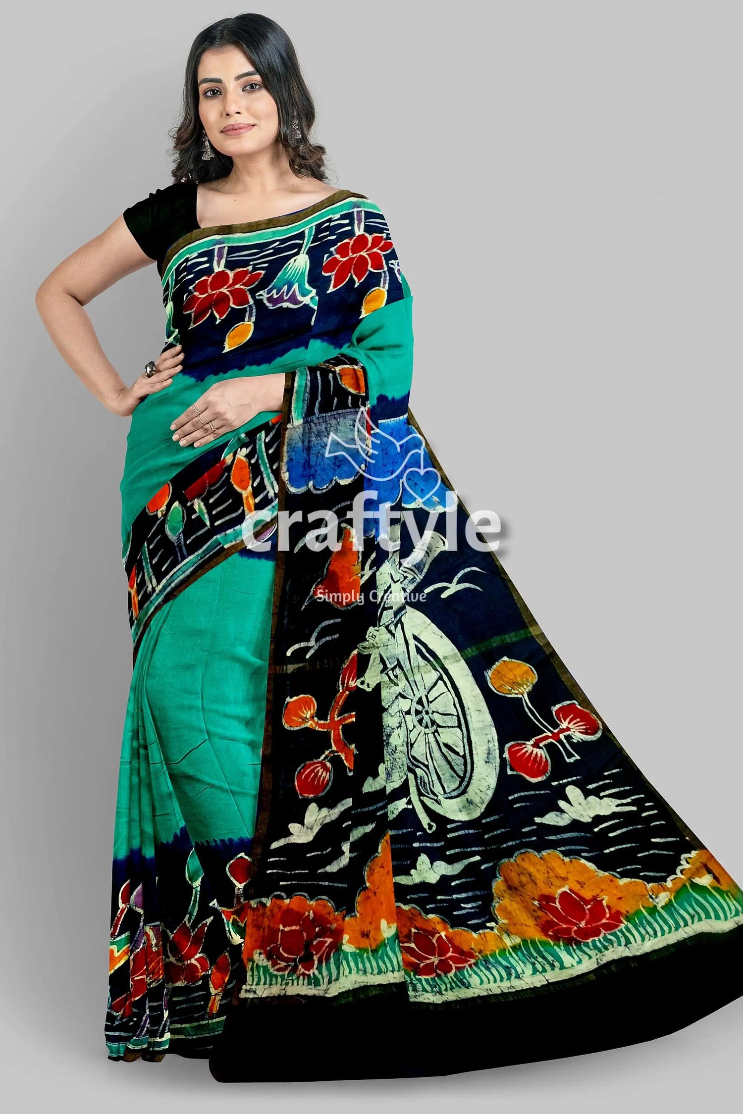 Viridian green bullock cart design handcrafted batik mulberry pure silk saree woman teal black batik saree 5