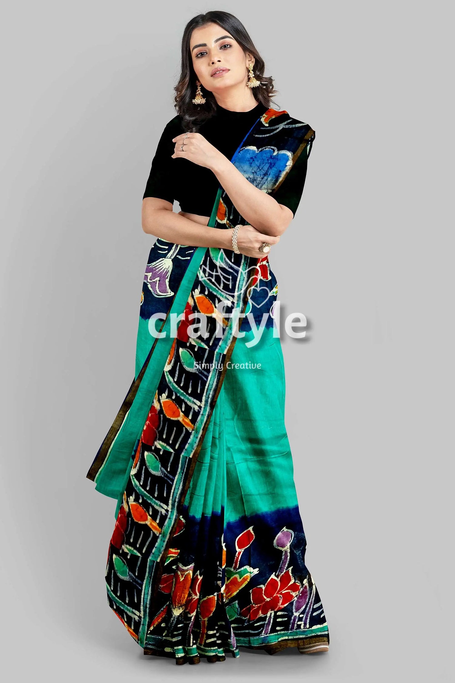 Viridian green bullock cart design handcrafted batik mulberry pure silk saree woman teal black floral saree 6
