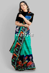 Viridian green bullock cart design handcrafted batik mulberry pure silk saree woman teal black floral saree 6