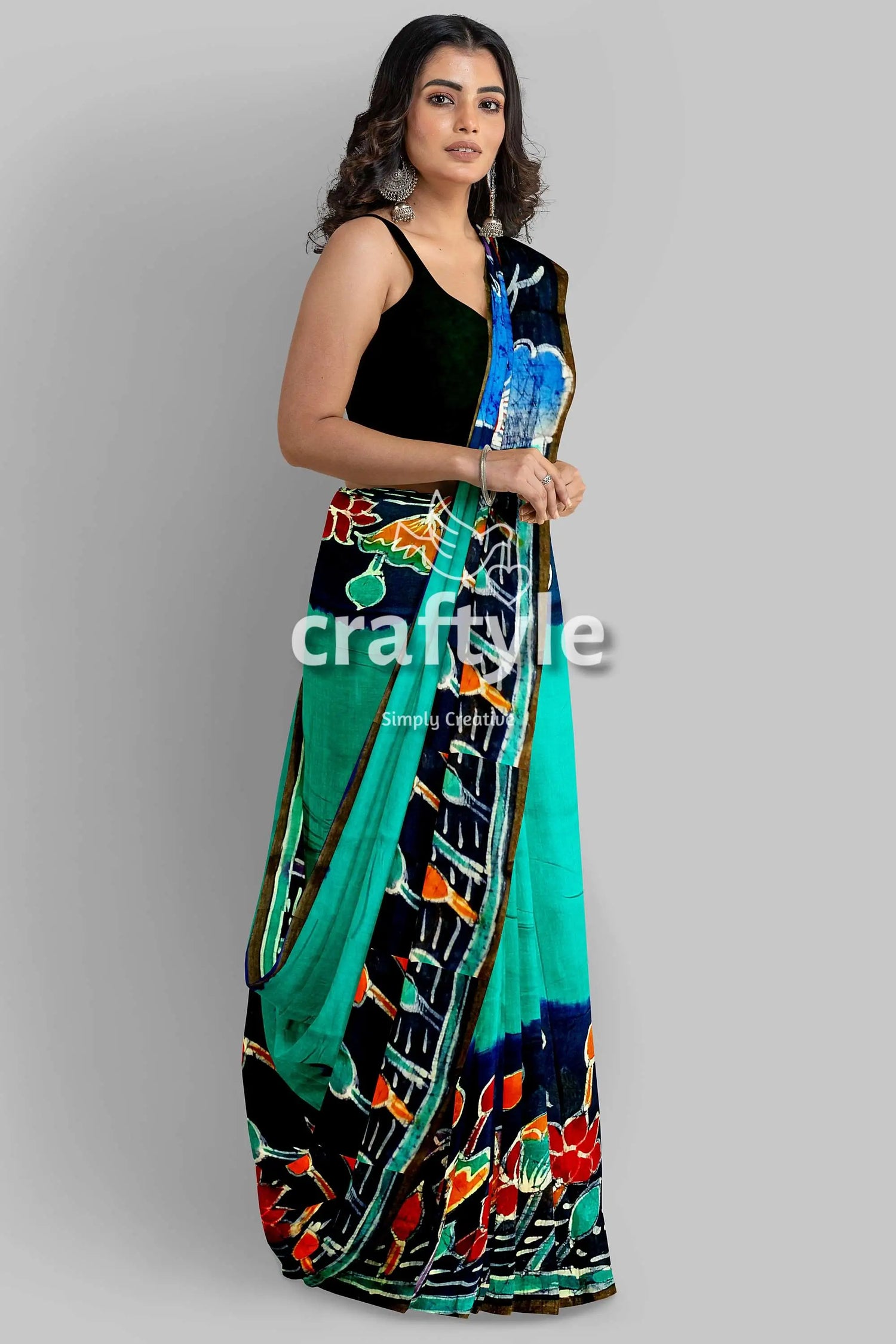 Viridian green bullock cart design handcrafted batik mulberry pure silk saree woman green black patterned saree 2