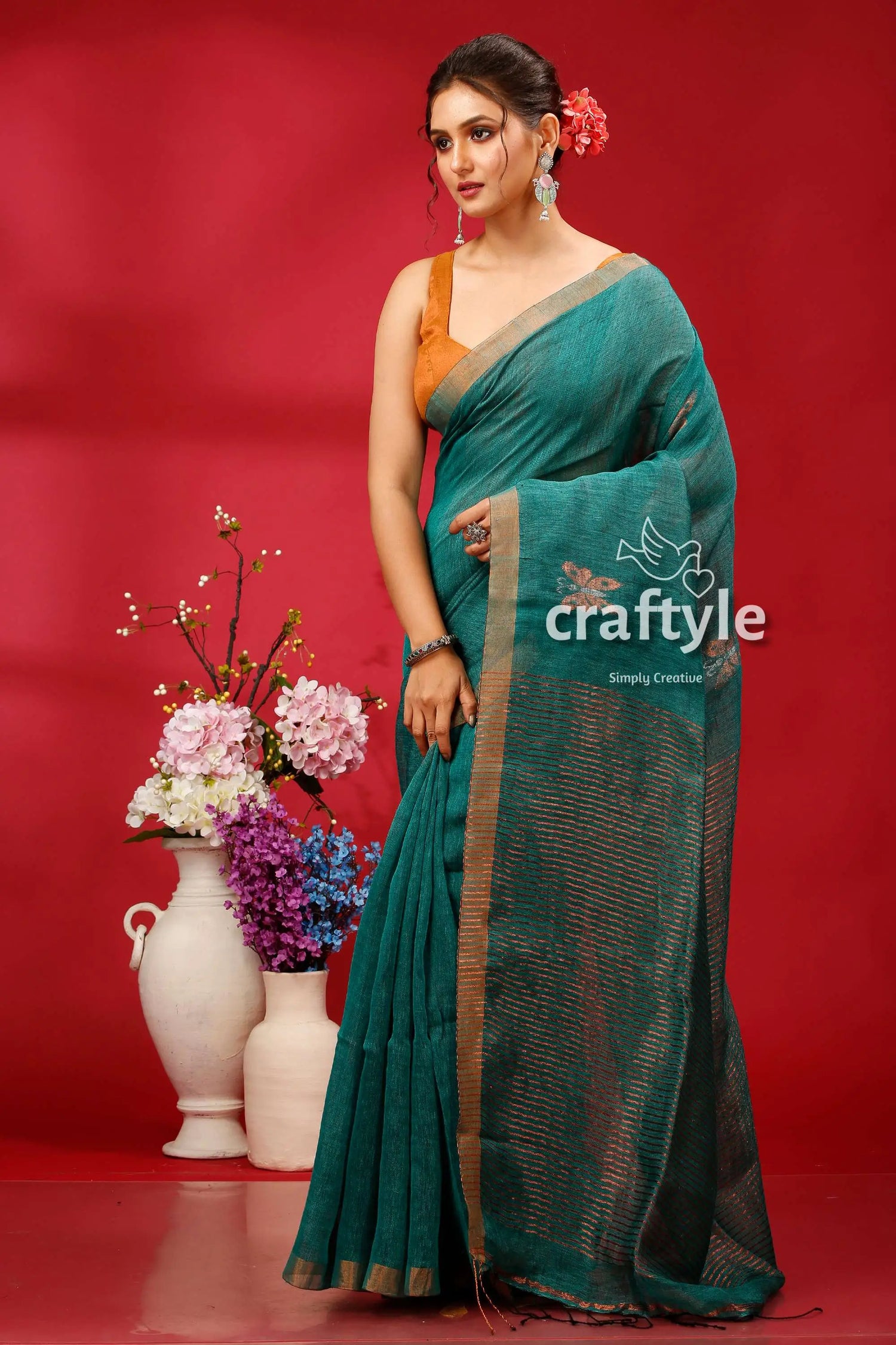 Viridian green copper zari work linen jamdani saree teal saree gold border 3