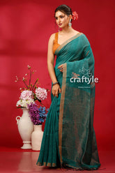Viridian green copper zari work linen jamdani saree teal saree gold border 3