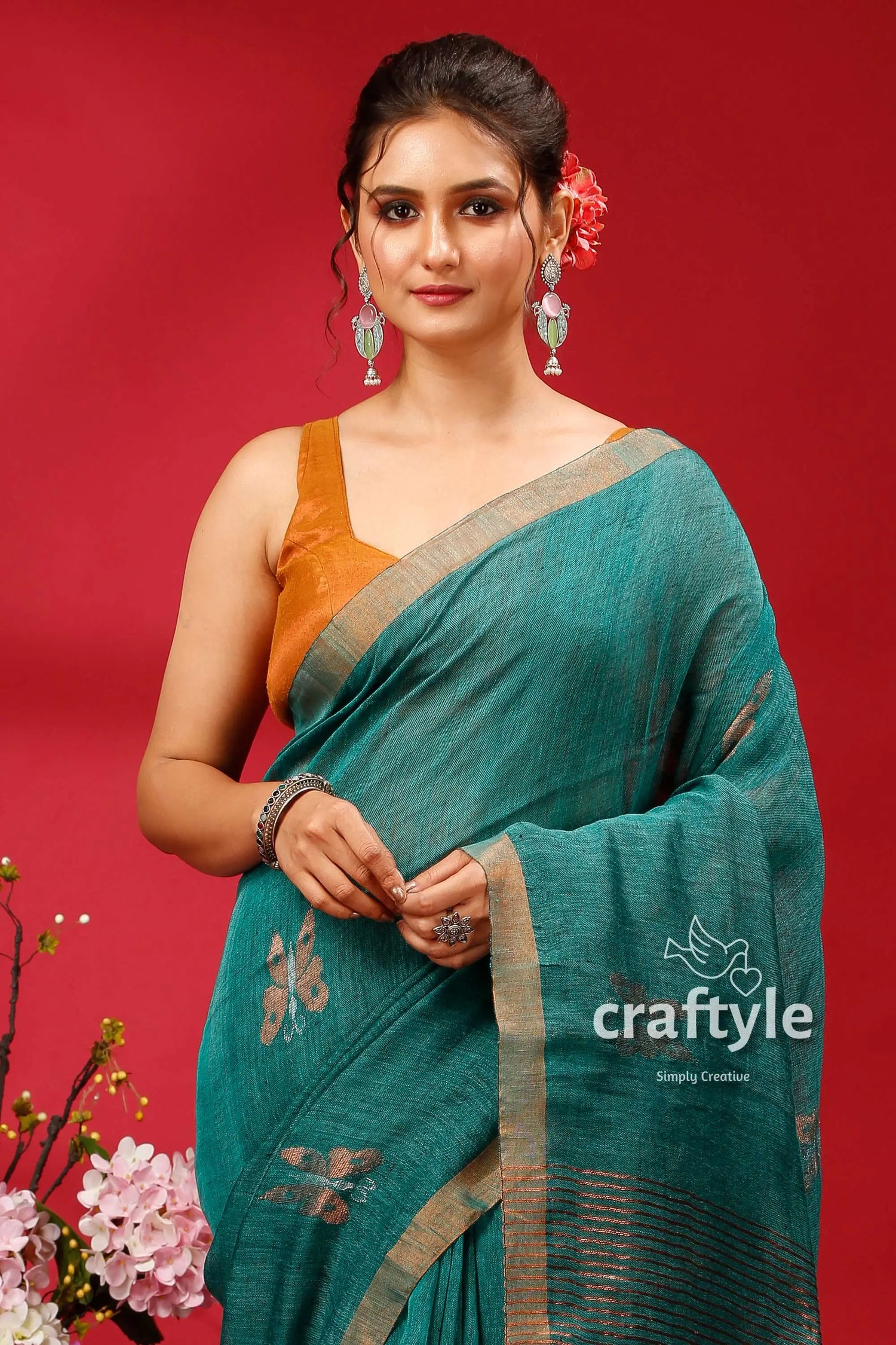 Viridian green copper zari work linen jamdani saree teal saree gold trim 2