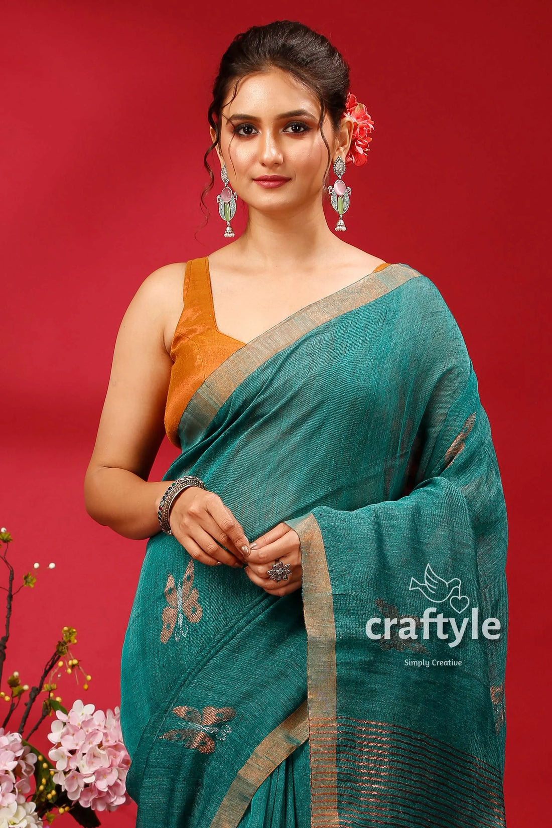 Viridian green copper zari work linen jamdani saree teal gold trim 2