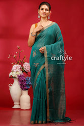 Viridian green copper zari work linen jamdani saree teal saree gold border 1