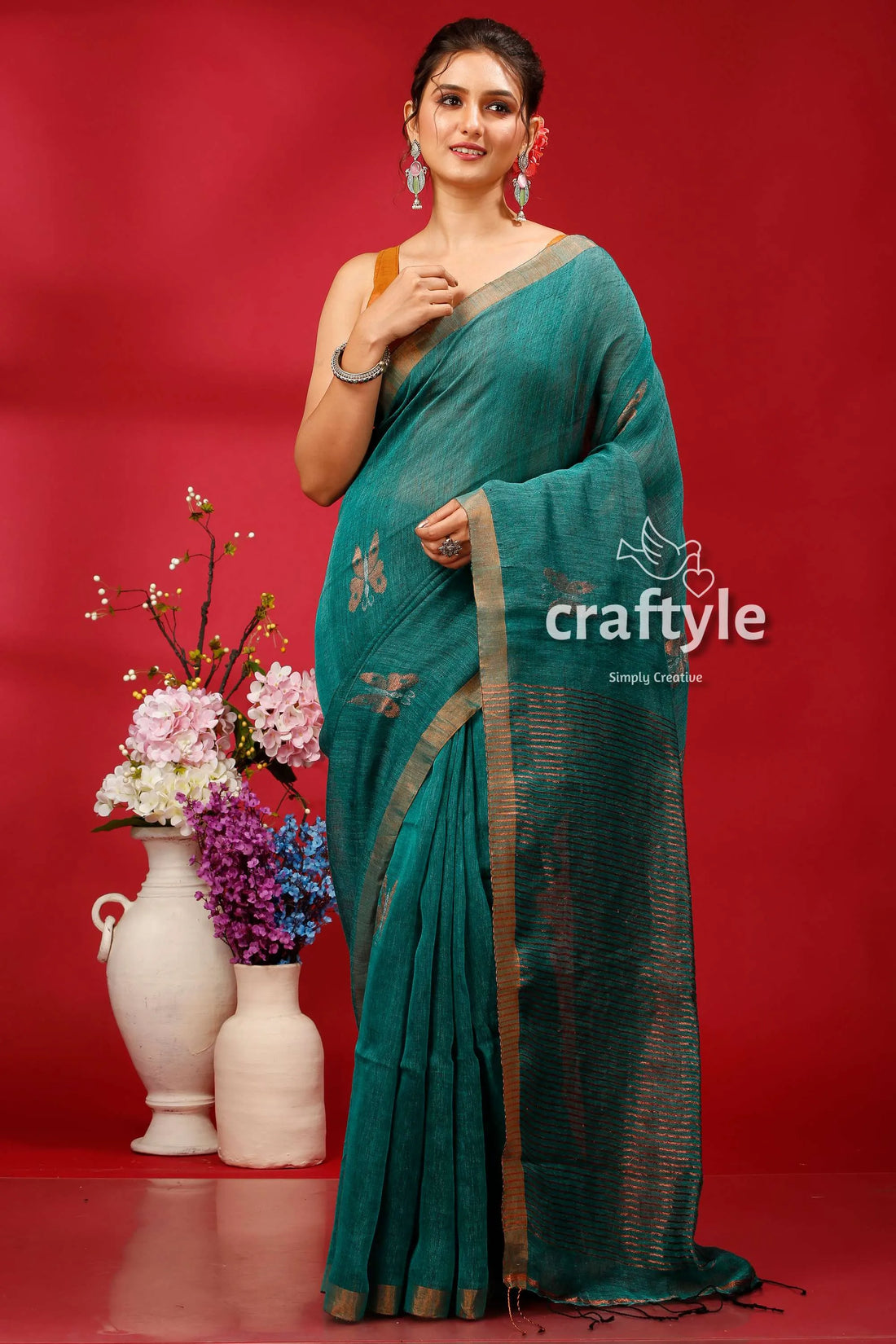 Viridian green copper zari work linen jamdani saree teal gold border 1