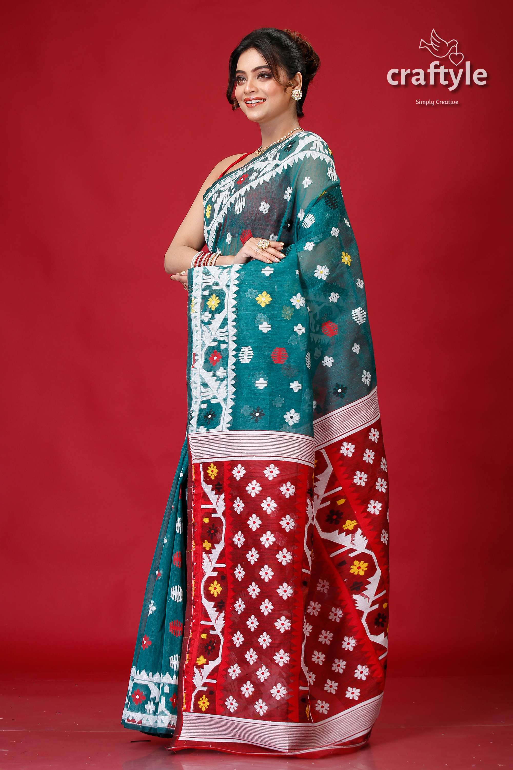 Viridian Green Finest Dhakai Jamdani Saree-Craftyle