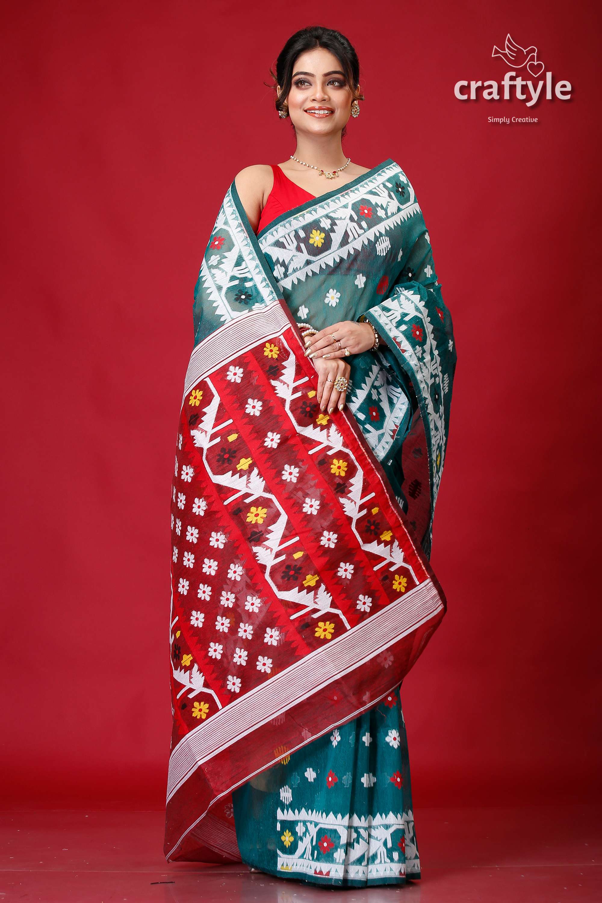 Viridian Green Finest Dhakai Jamdani Saree-Craftyle