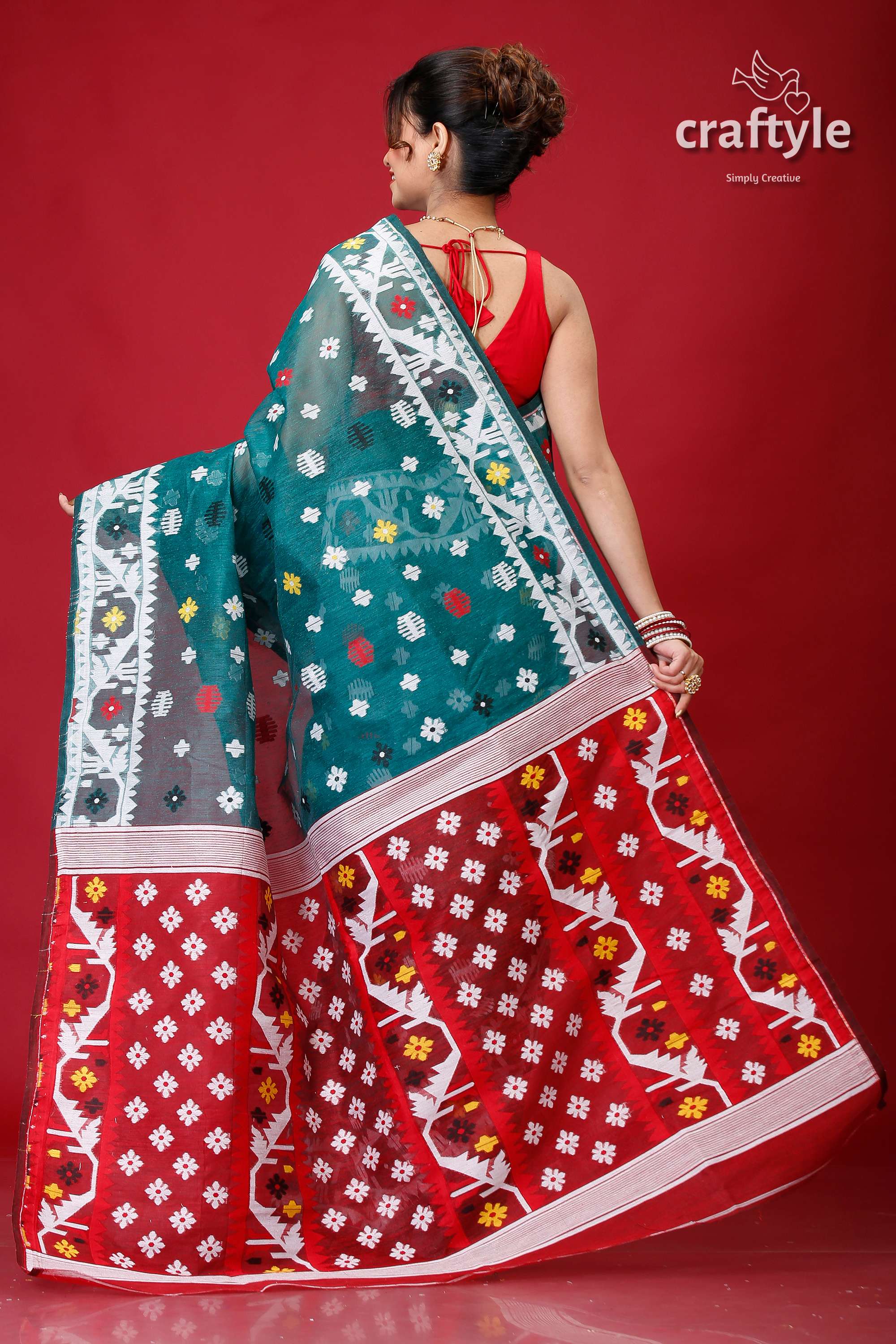 Viridian Green Finest Dhakai Jamdani Saree-Craftyle