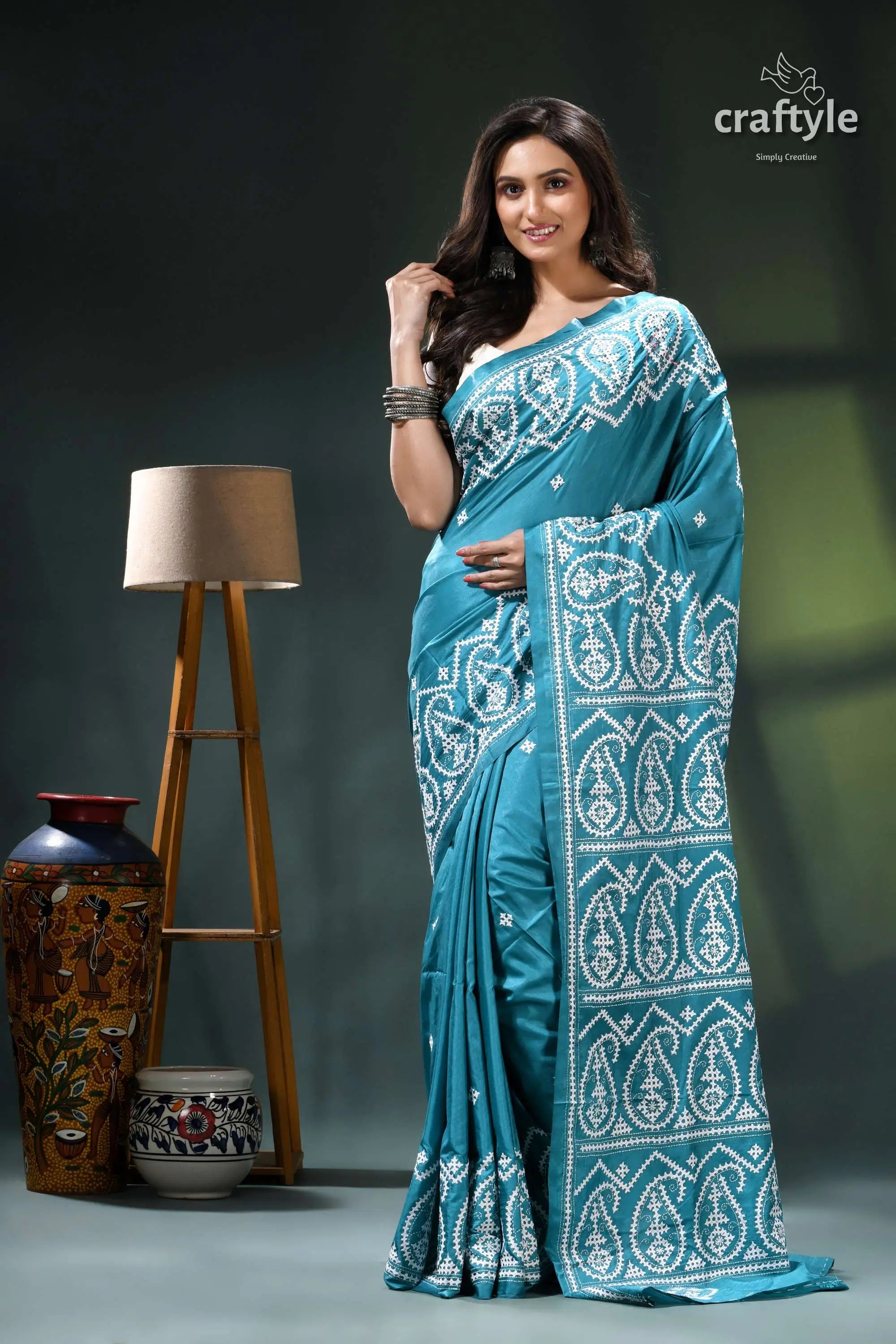 Viridian green gujrati stitch exquisite silk saree for women teal silver bandhani saree intricate 6
