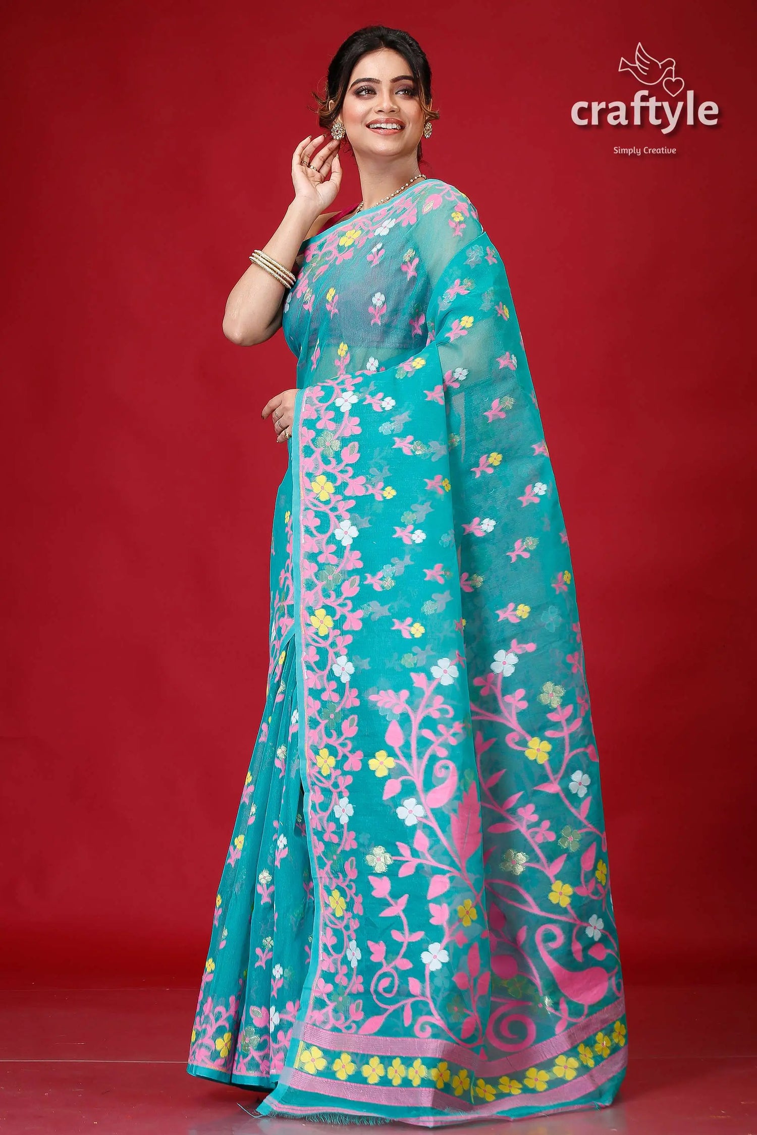 Viridian green traditional handloom jamdani sari teal floral saree 3
