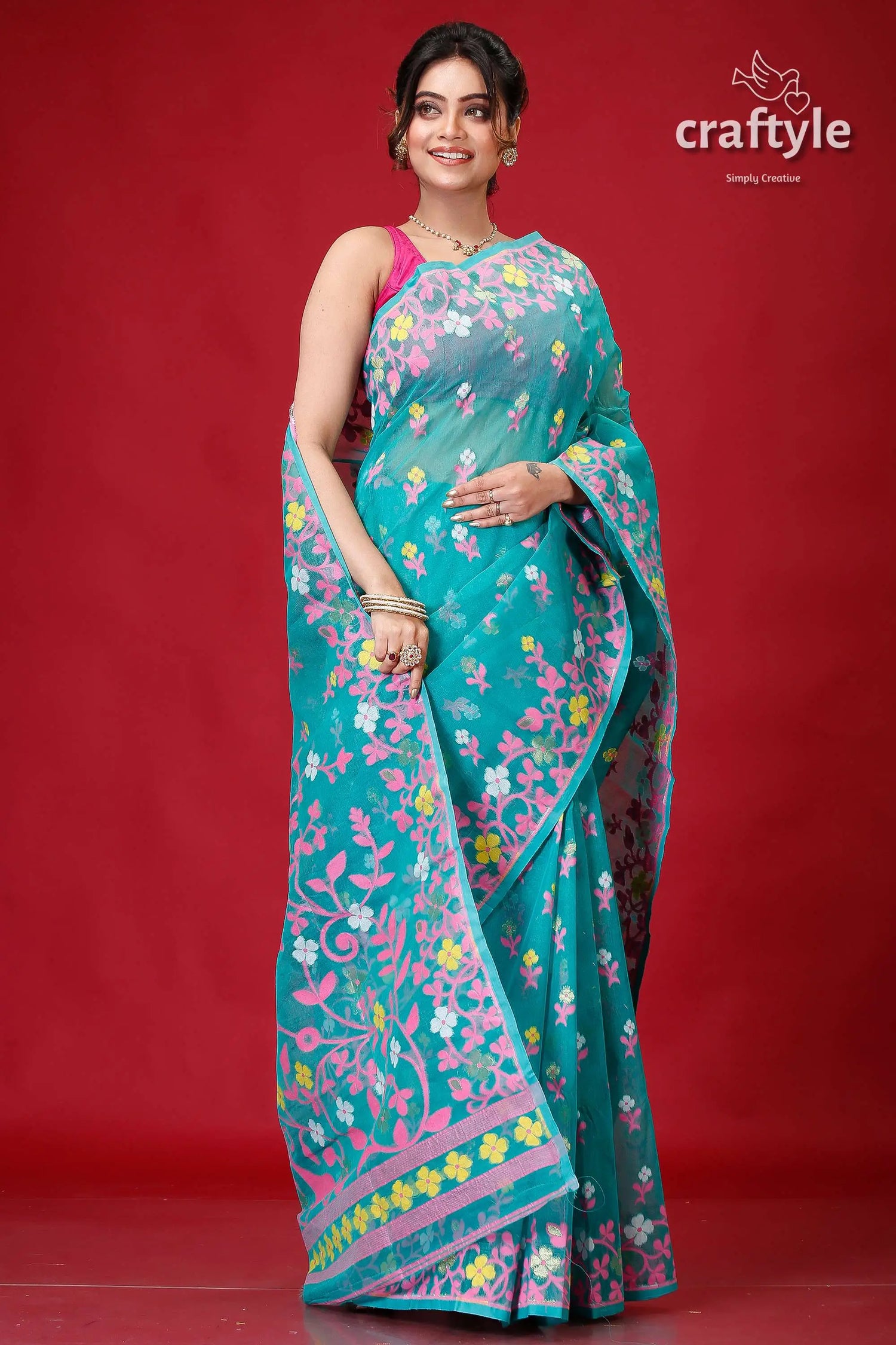 Viridian green traditional handloom jamdani sari woman floral-embroidered saree 4