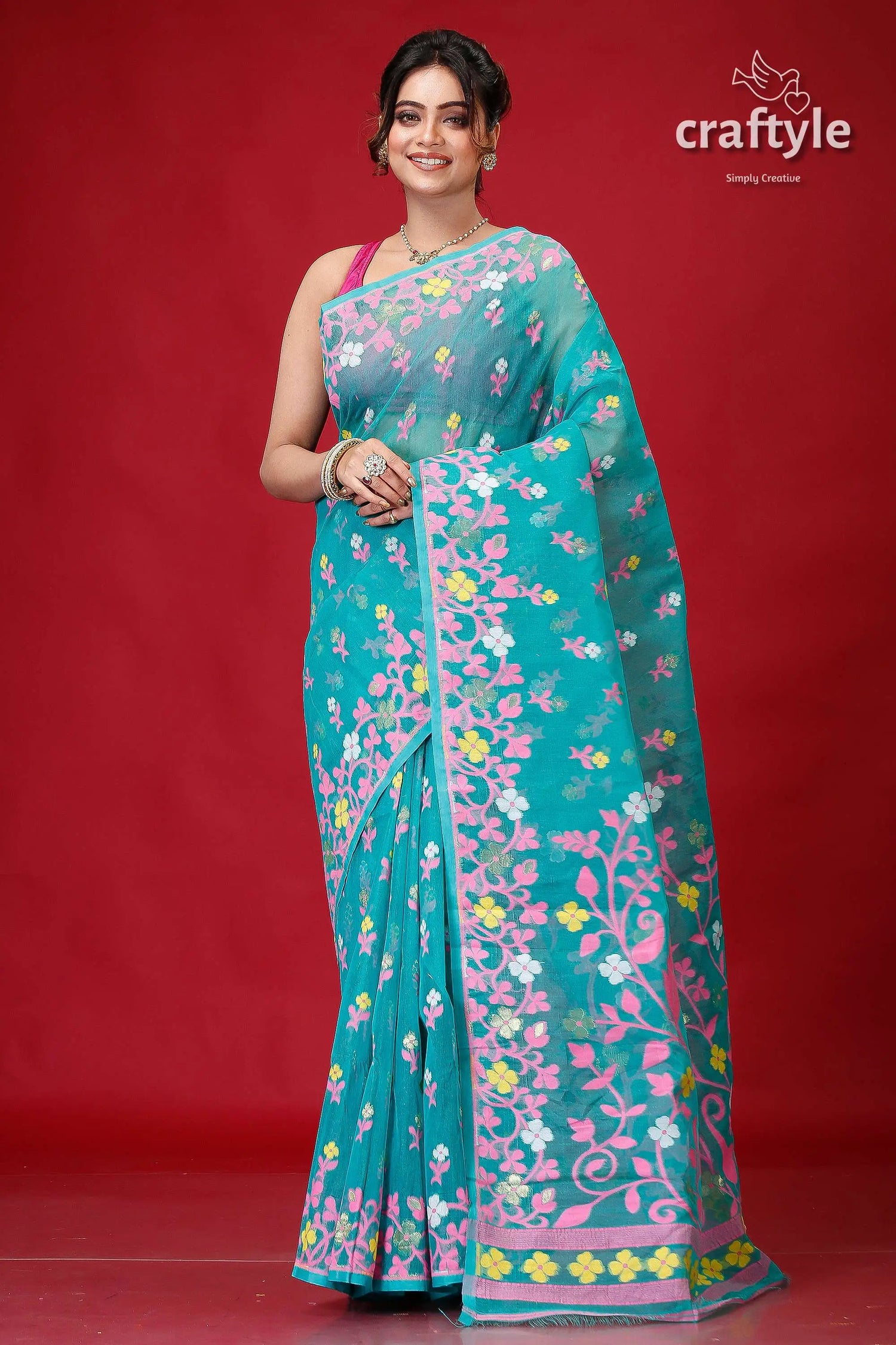 Viridian green traditional handloom jamdani sari floral-patterned turquoise saree 1