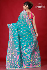 Viridian green traditional handloom jamdani sari floral-patterned teal saree 5